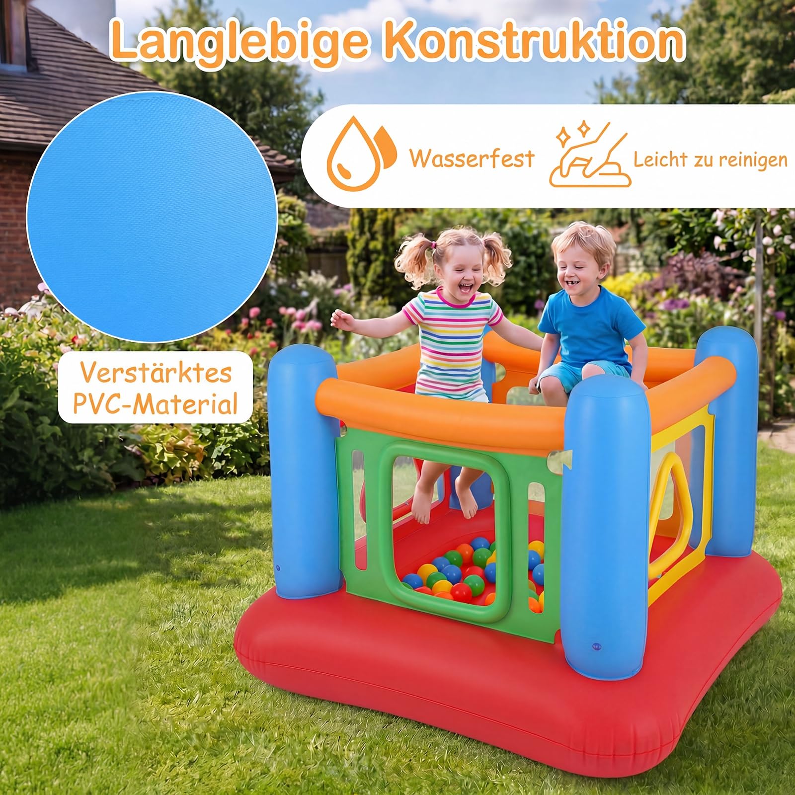 COSTWAY Hüpfburg, Bouncy Castle mit 4 Türen für Kinder, 160 x 160 x 125 cm (Rot + Blau)