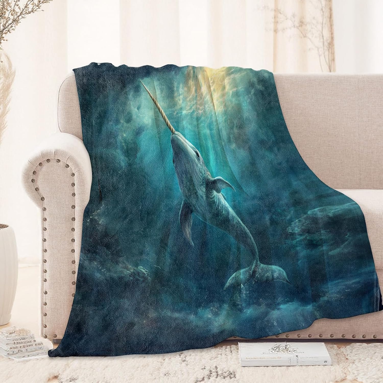 Elegant Narwhal Blanket 50x60 in, Ocean Wildlife Design, Flannel Throw Blankets for Travel Camping Sofa Living Room Decor, Lightweight Cozy Soft Fuzzy Gifts for Women Girls Boys Nature Lovers - Image 2
