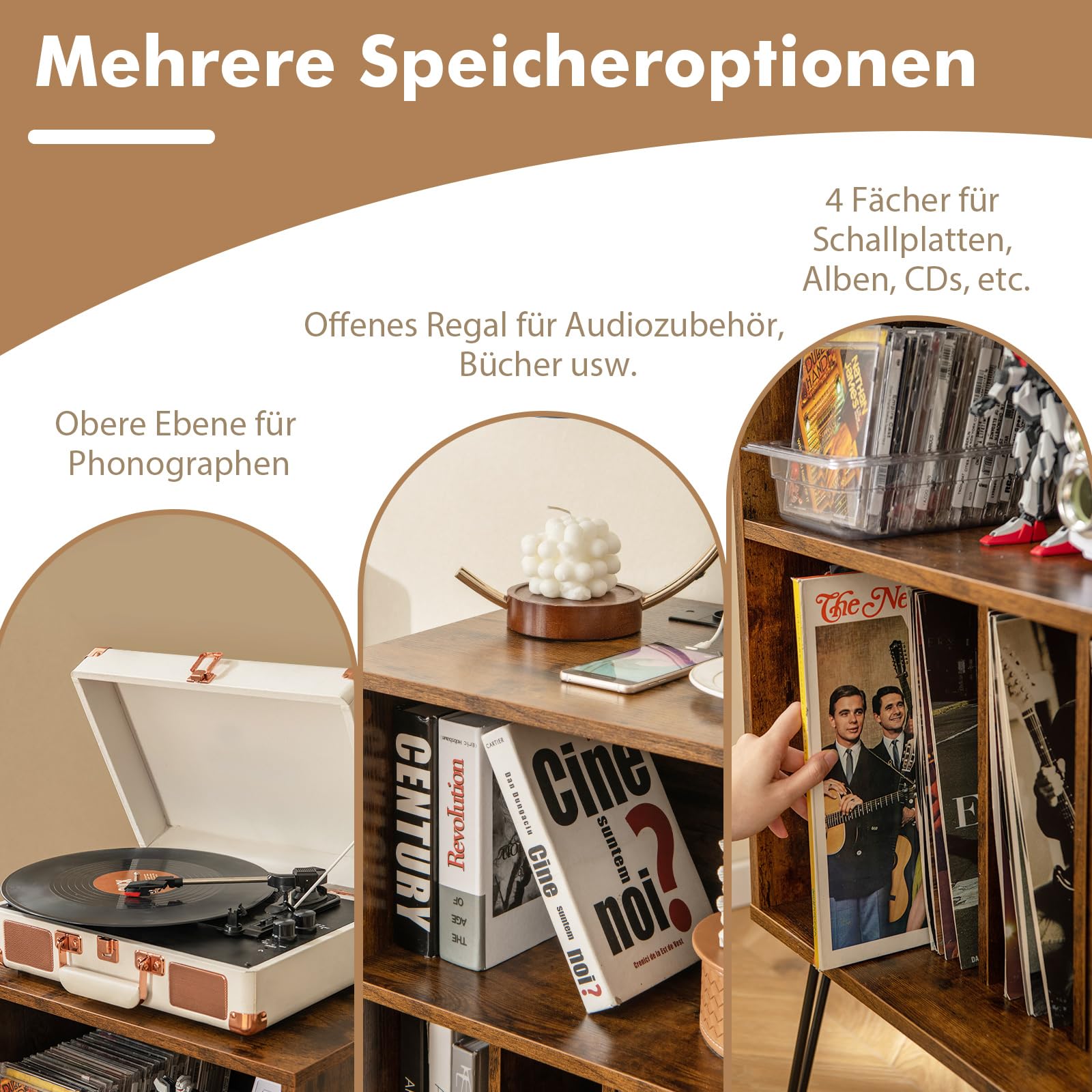 COSTWAY Plattenspieler-Ständer mit Ladestation, 3-stufiger Schallplattenständer, Vinylplatten Aufbewahrungstisch mit Regal & 4 Trennwänden für Wohnzimmer 48 x 40 x 88 cm (Industriell)