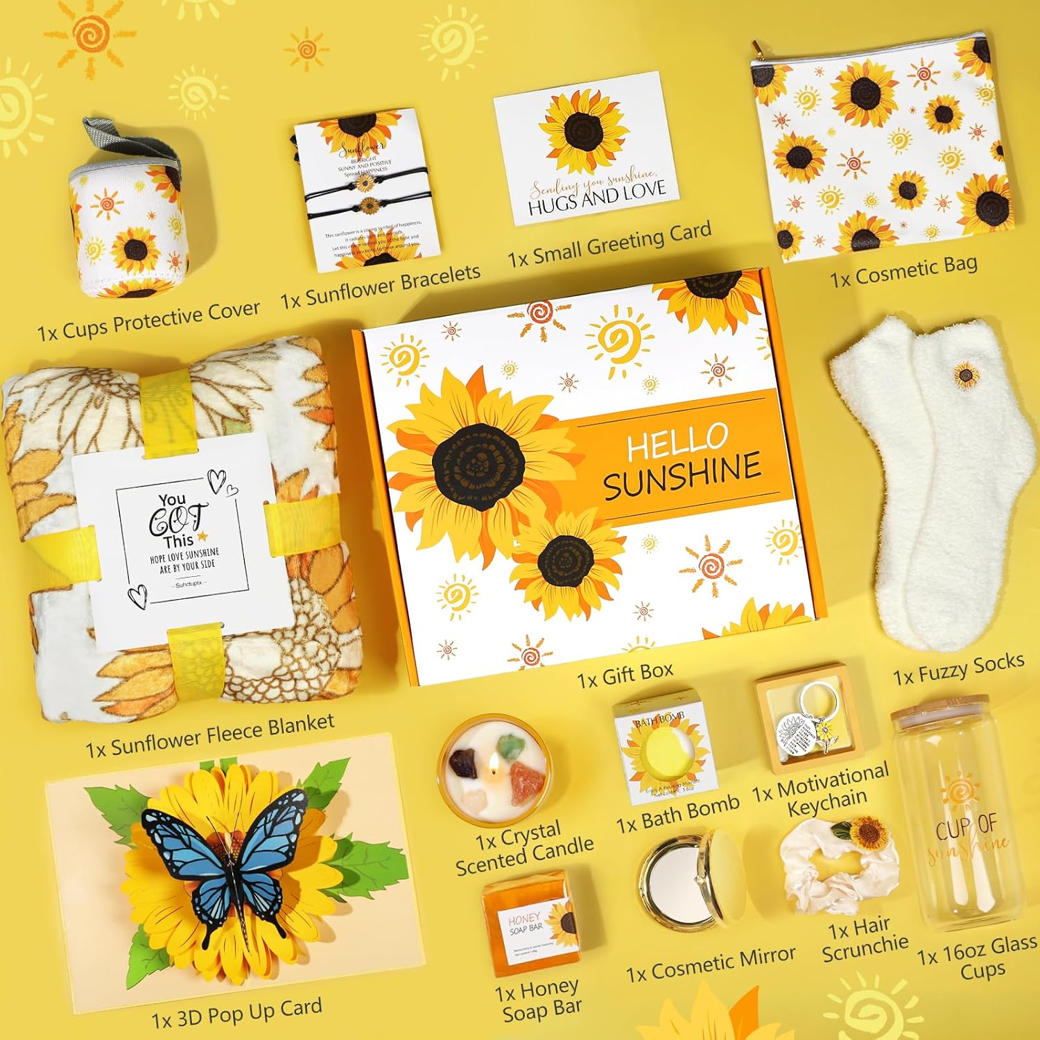 Sunflower Gifts for Women - 15 pcs Unique Birthday and Basket, Get Well Soon Care Package, Inspirational Box for Her, Mom, Sister, Best Friends (Yellow) Gold