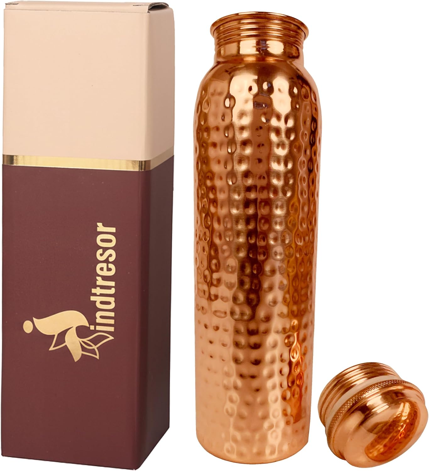 Pure Copper Water Bottle, 34 oz, Leak Proof, Hammered Finish