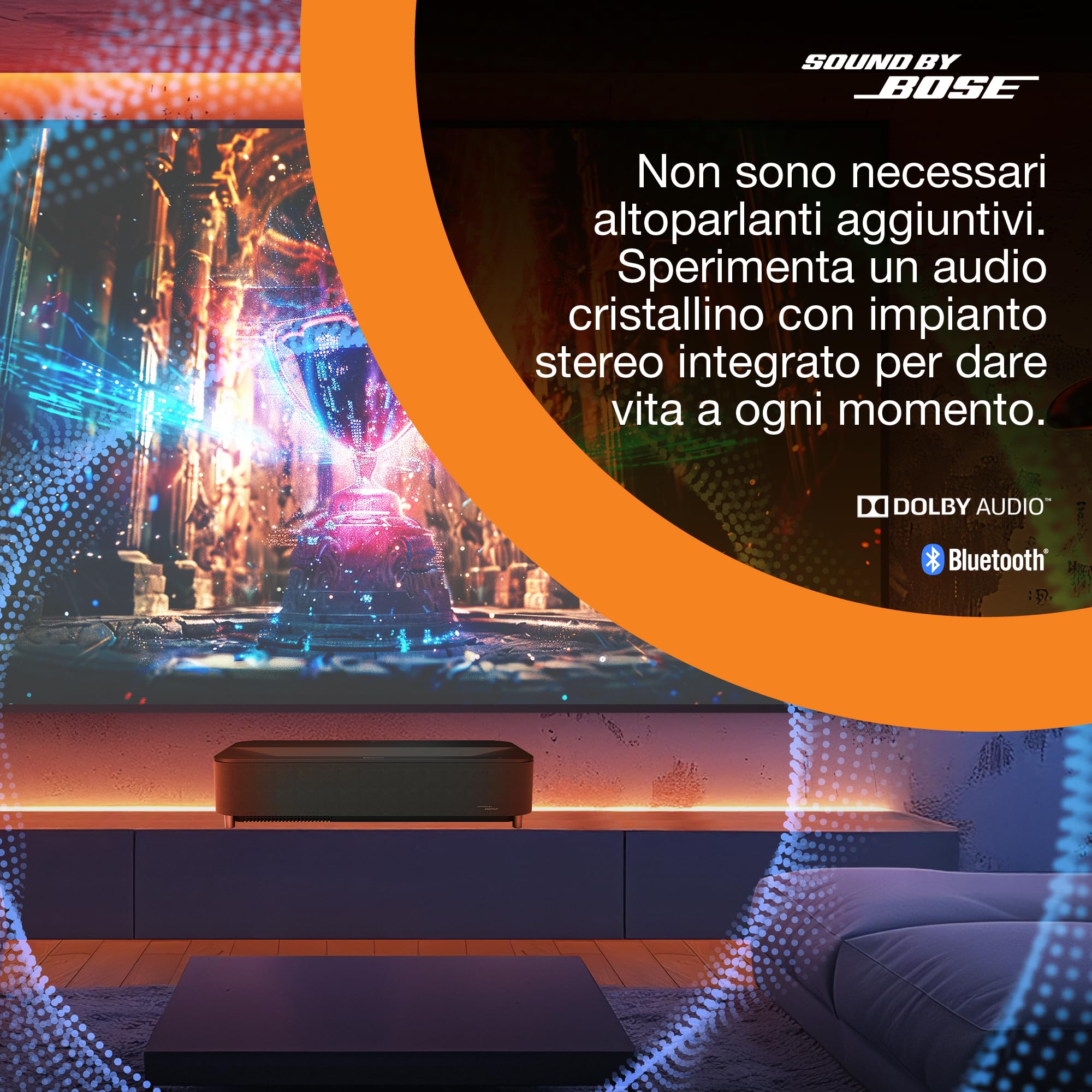Epson Lifestudio Grand Plus EH-LS970B | Videoproiettore TV Laser Smart Ultracorto 4K | Home Cinema |4.000 Lumen | AI Imaging | Sound By BOSE | Google TV | Display Da 150''| Garanzia di 5 Anni | Nero