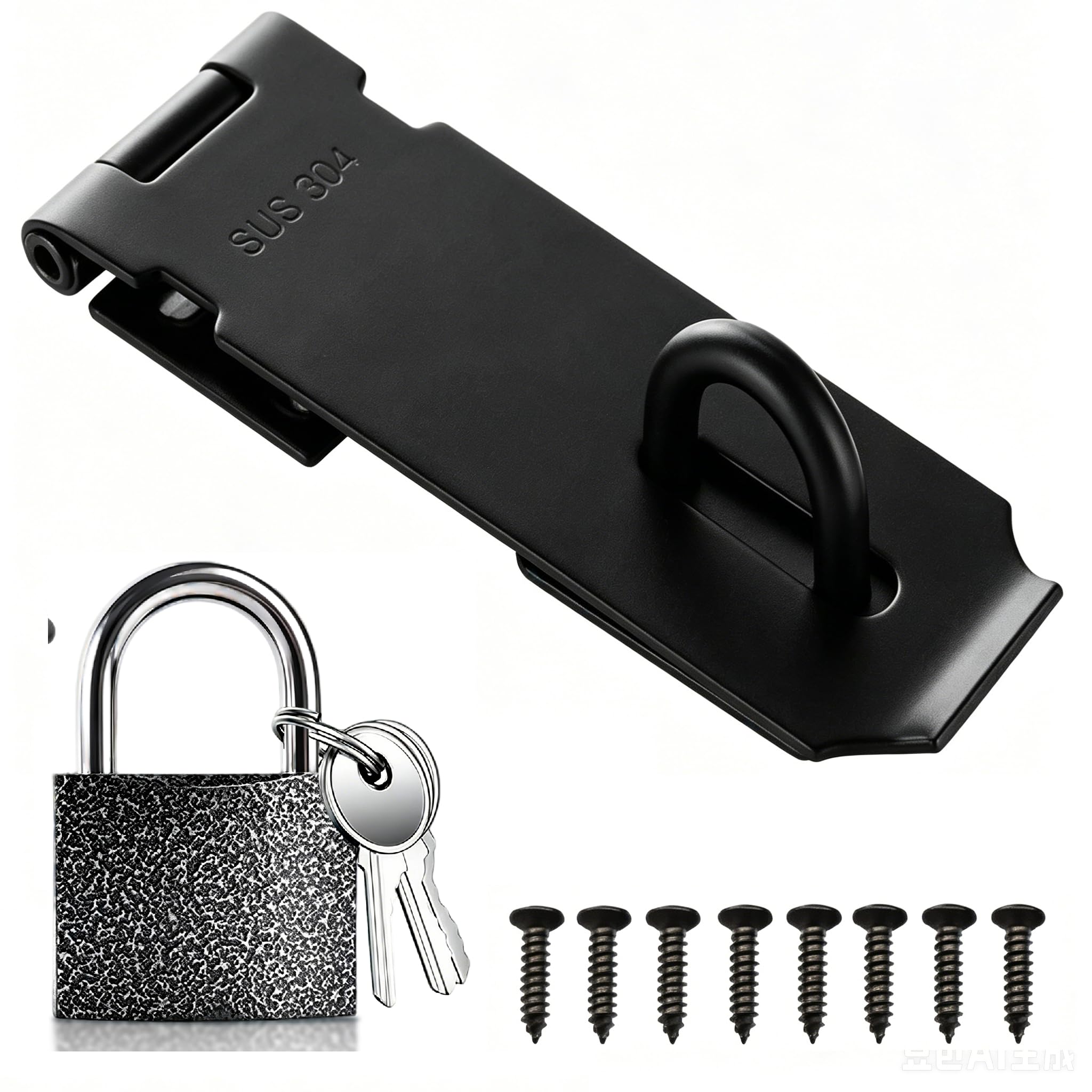 Lamondre 5 Inch Stainless Steel Door Padlock Hasp and Staple with Padlock,Security Hasp and Staple with Screws, Door Clasp Gate Lock Latch for Shed Door Window Cabinet Pet Cage, Black