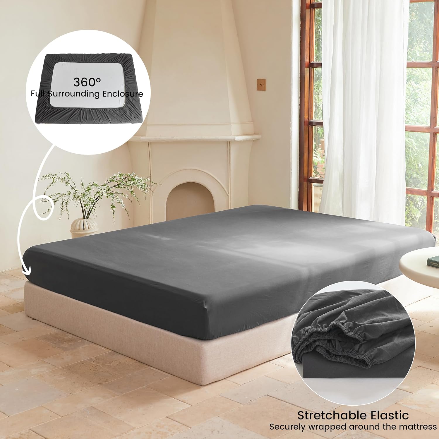 BISELINA 100% Washed Cotton Fitted Sheet Queen Size, Fits up to 20" Deep Pocket Fitted Bed Sheet only, Soft & Breathable, Anti-Wrinkle 360° Fully Wrapped Mattress Cover - Charcoal Grey