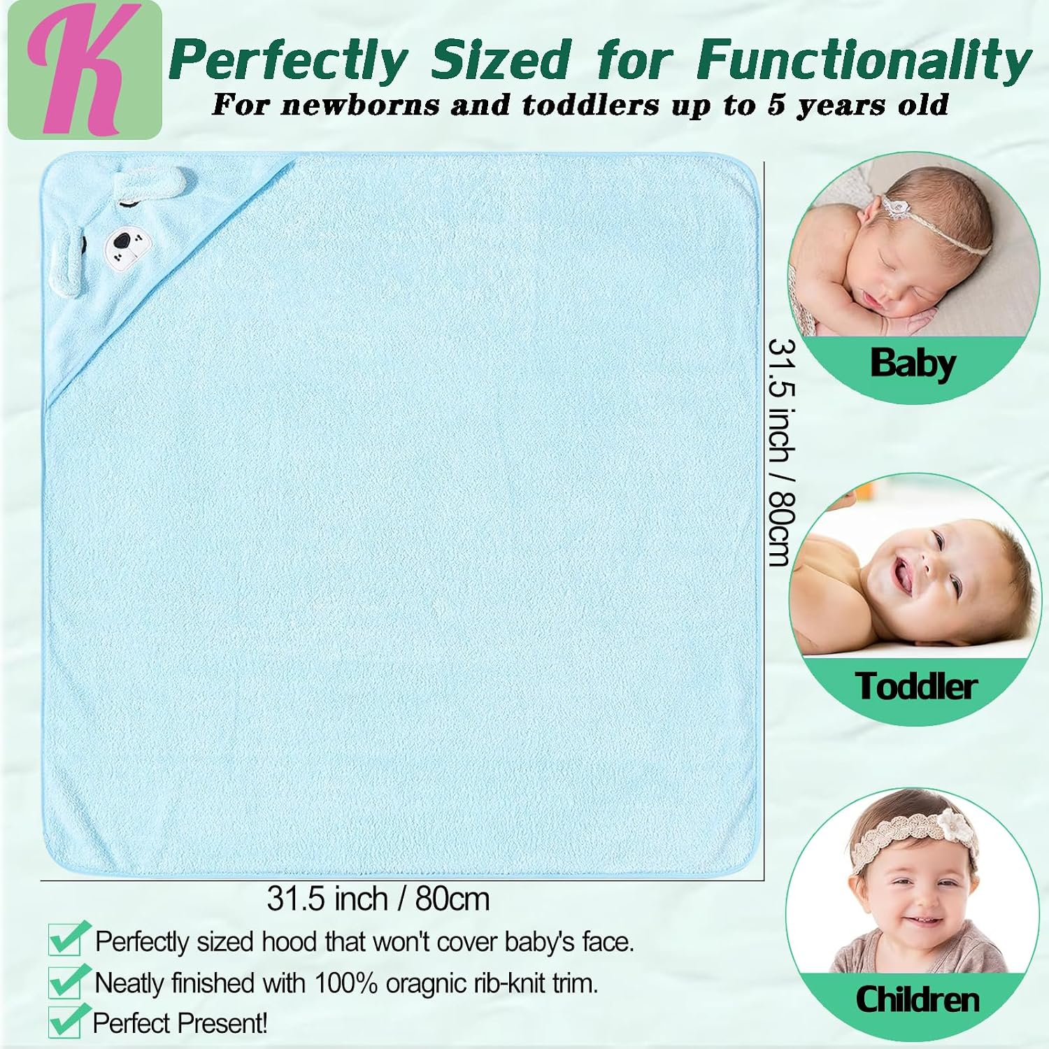 Baby Hooded Towels 4 Pack Unisex Bath Essentials 31.5x31.5 in Coral Fleece Super Soft Absorbent Baby Towels Newborn Necessities Gift Baby Stuff Towel with Hood for Boy, Girl, Babies, Toddlers