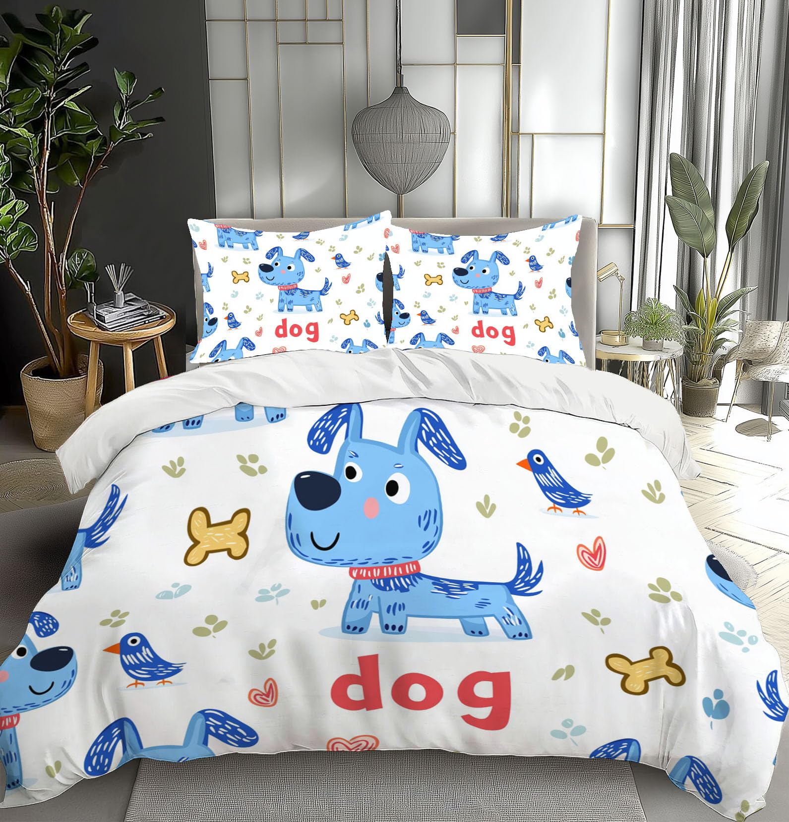 Parure de couette chien bleu oiseau 240x260 cm en microfibre avec 2 taies d'oreiller