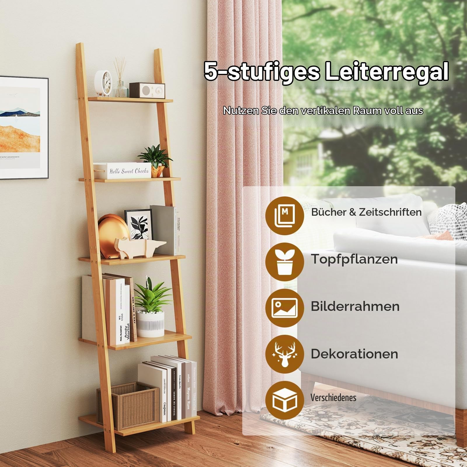 HOMASIS Leiterregal mit 5 Ebenen, Bücherregal aus Bambus, schmales Aufbewahrungsregal Standregal für Wohnzimmer, Schlafzimmer, Arbeitszimmer, 43 x 38,5 x 164 cm, Natur