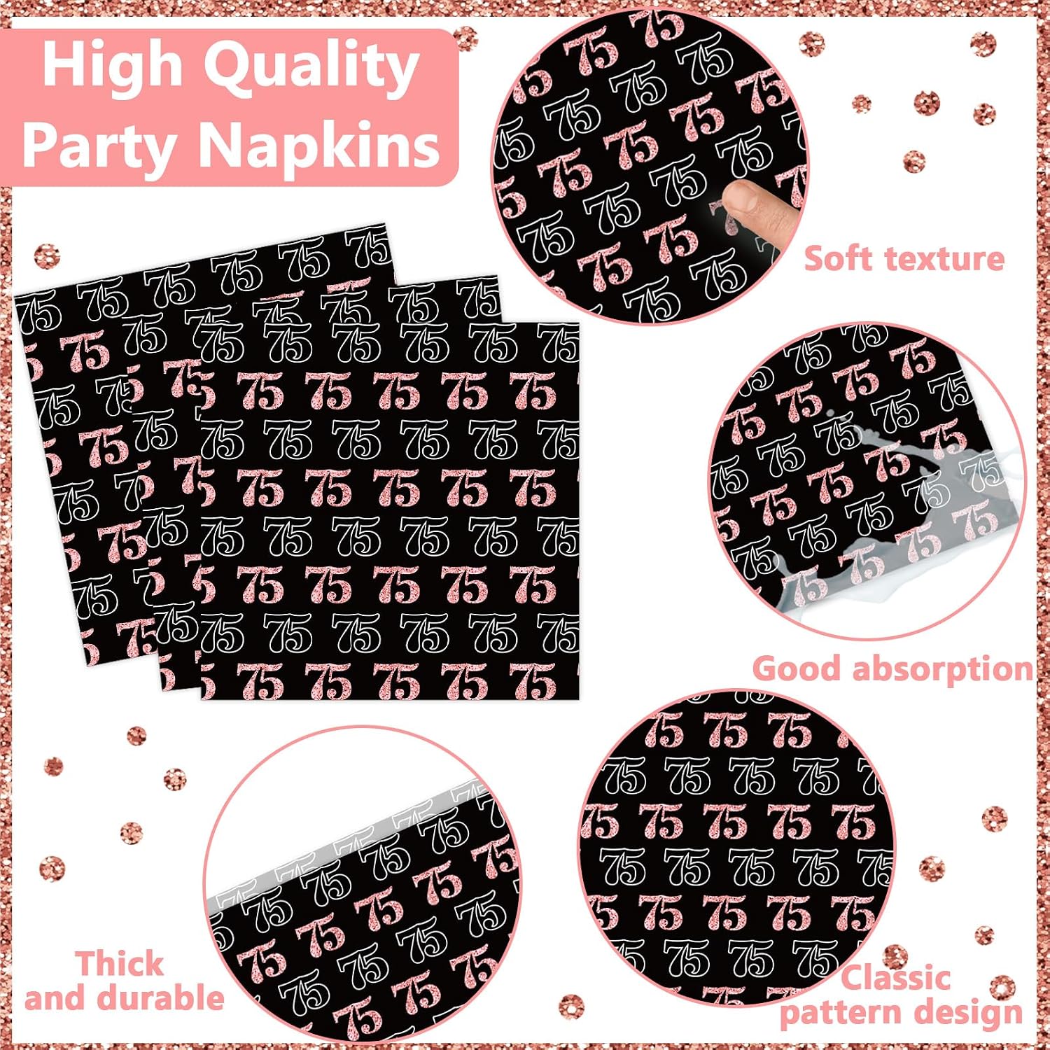 96 Pcs 75th Birthday Plates and Napkins Party Supplies Happy 75th Birthday Decorations Rose Gold and Black 75 Years old Birthday Tableware Set for Women Men Party Favors for 24 Guests