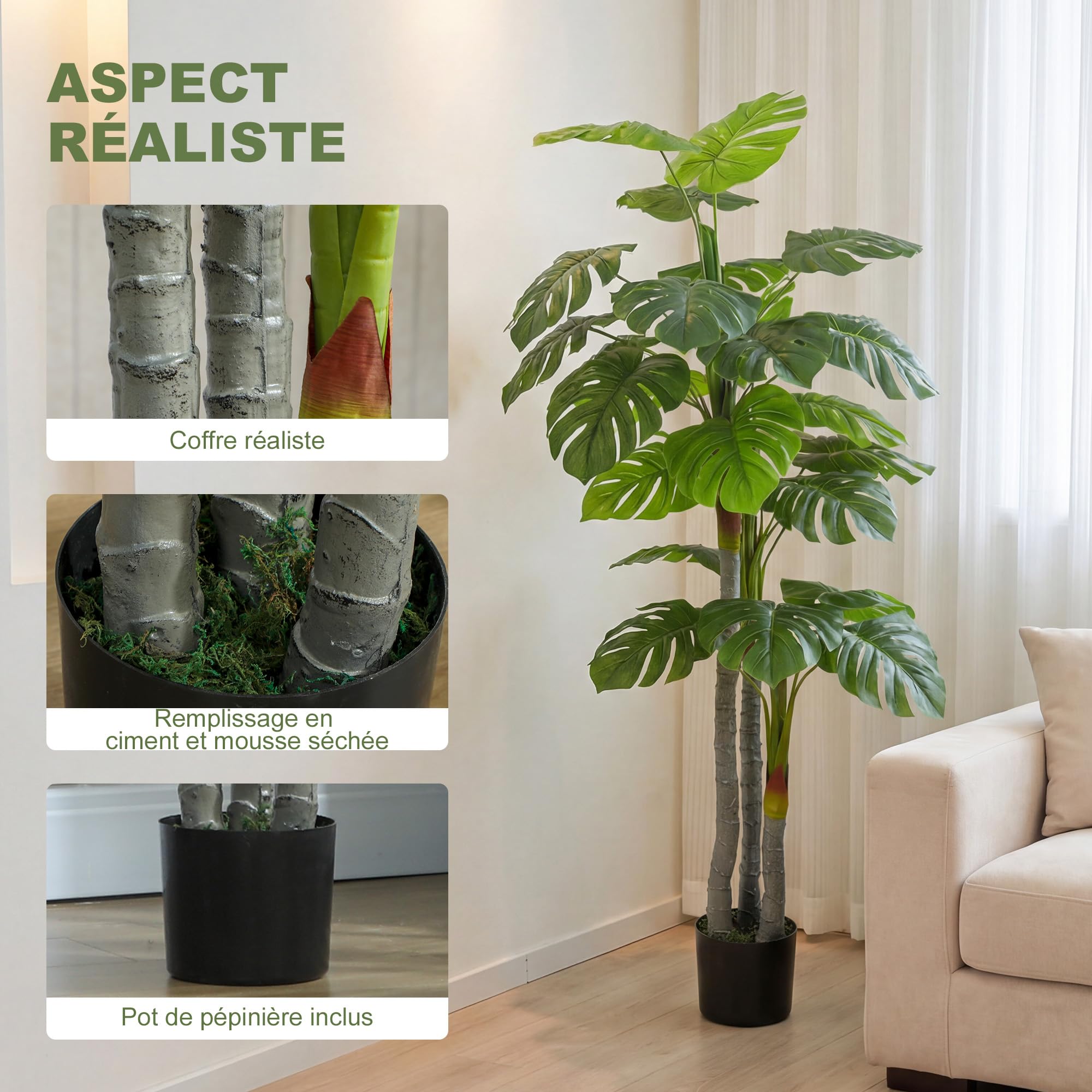 HOMCOM Arbre Artificiel Monstera H.1,5 m, Tronc et Branches en Lichen | Feuilles de Tortue, Grand Réalisme, Pot Inclus