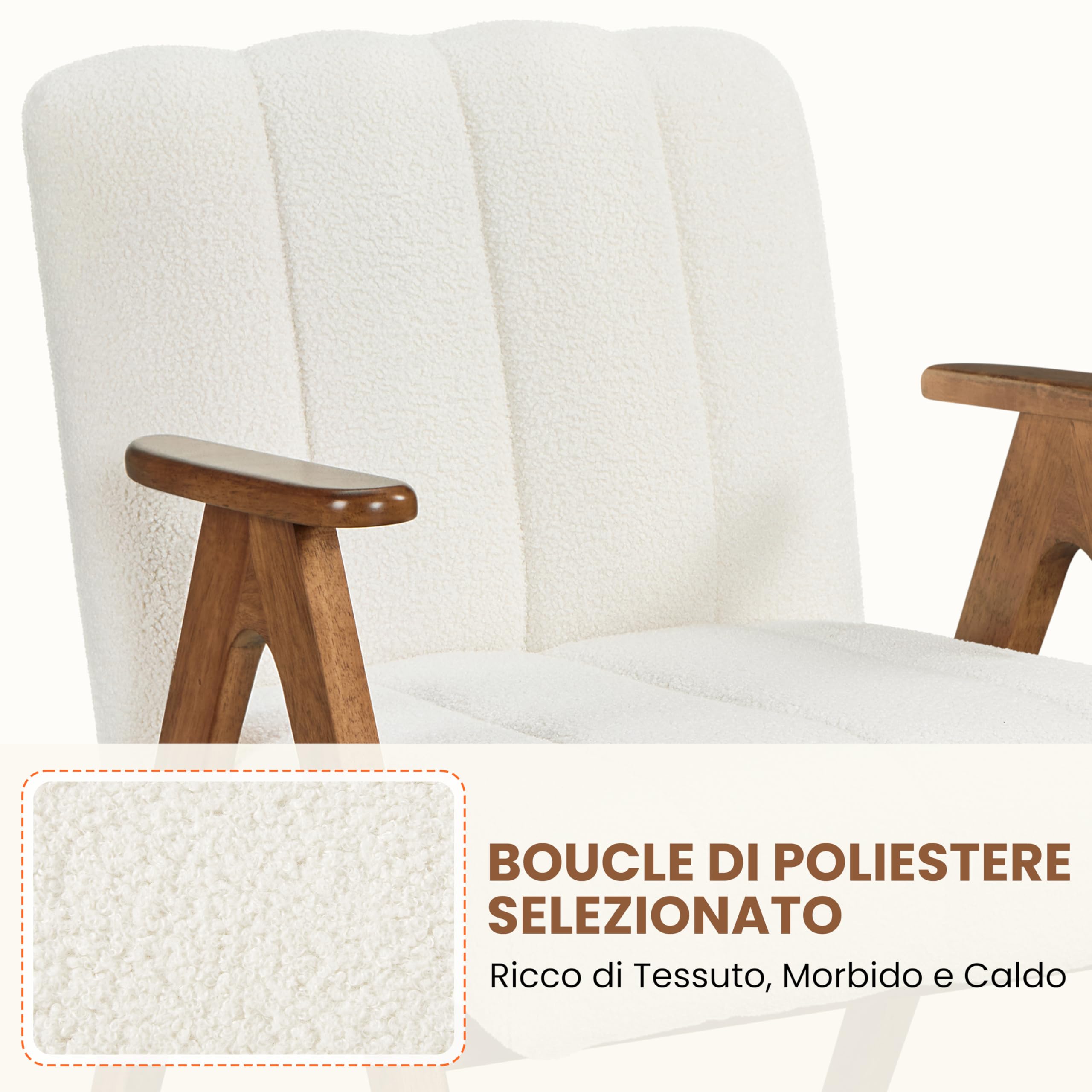 Yaheetech Poltrona Imbottita da Salotto Moderna Poltrocina in Tessuto Bouclé Sedia Gambe a V in Legno 60,5 × 68,5 × 73 cm per Angoli di Lettura Soggiorno Camere da Letto Bianco
