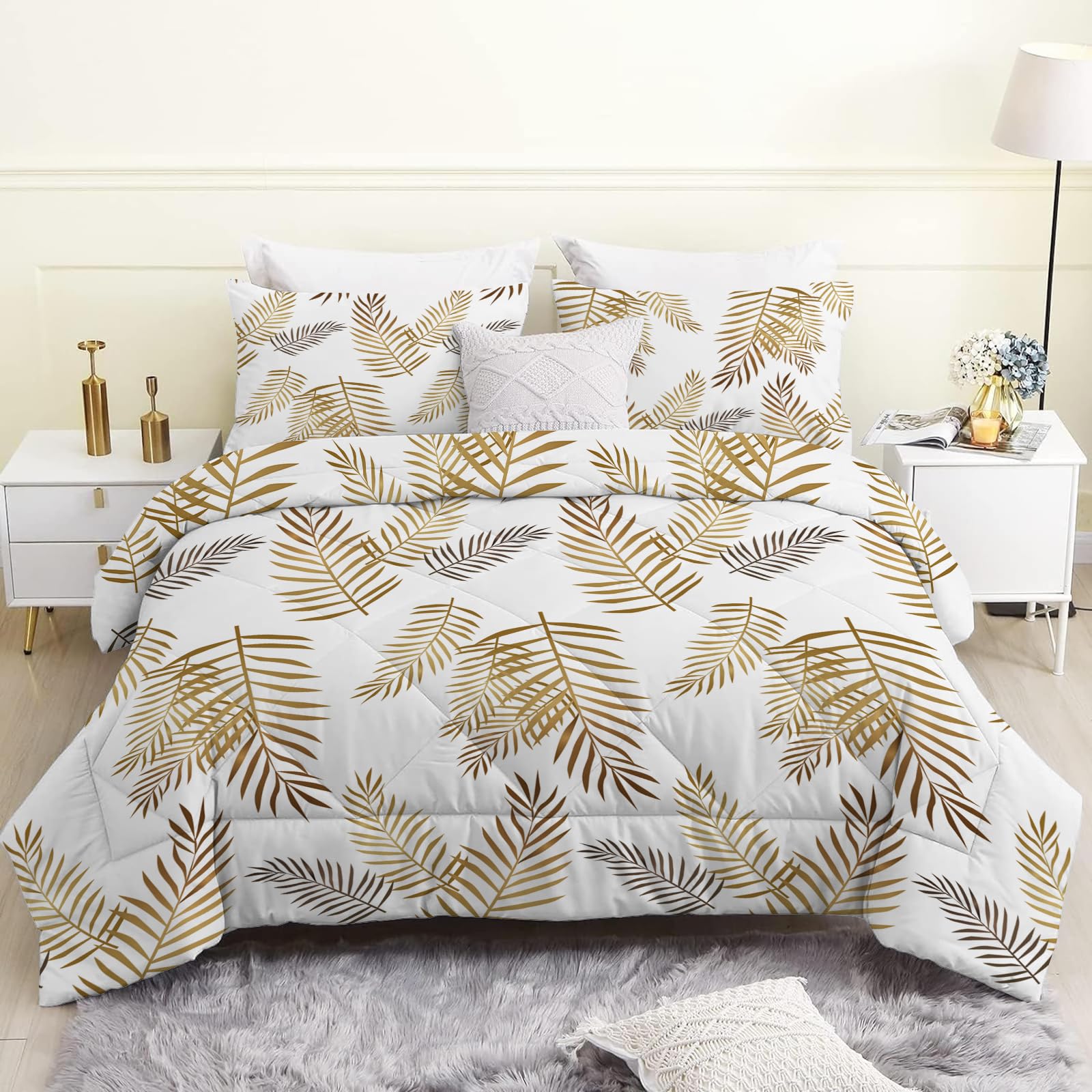 Trapunta 220 x 240 cm Piante Bianco Stampata Foglie Palma 4 Stagioni per Letto 2 Persone, Edredon Reversibile Trapunta Legere, Senza Houss e 2 federe 65 x 65 cm