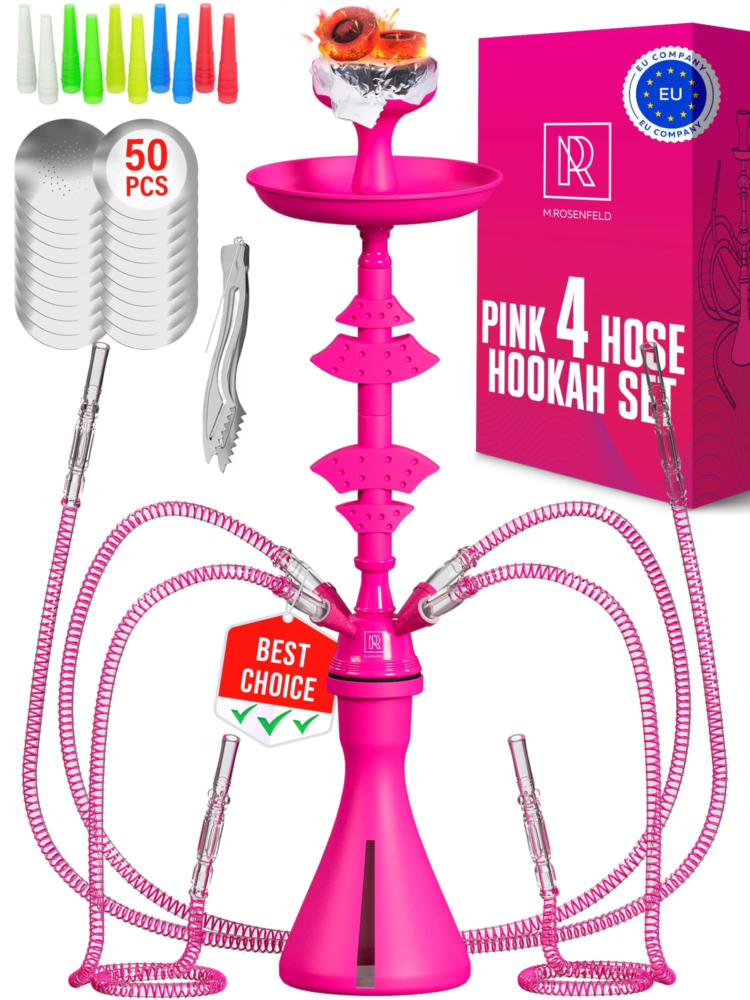 4 Hose Hookah set with everything – Pink Party Kit with Silicone Bowl, 50x Foil, 10x Tips, 4x Mouthpieces, Tongs