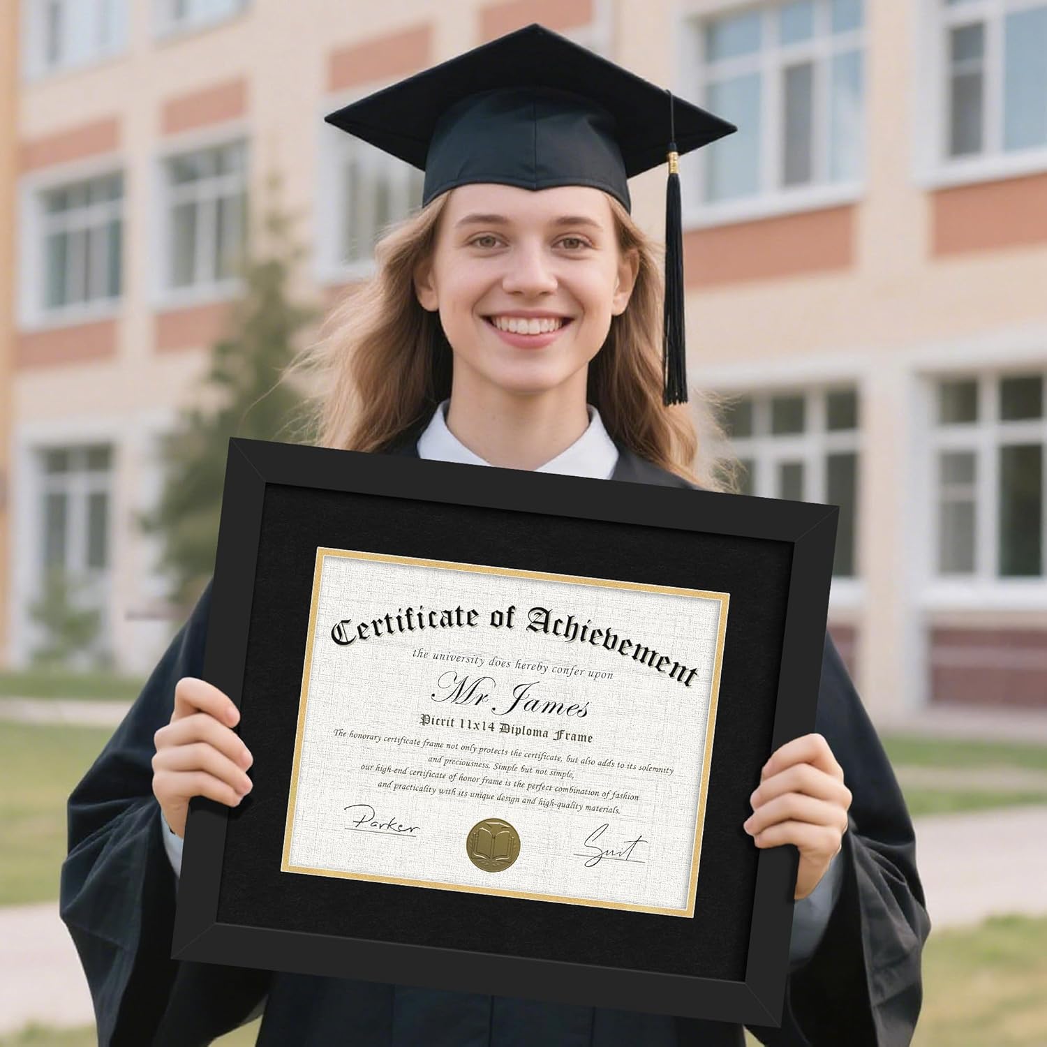 Picrit 11x14 Black Wood Diploma/Document Frame with Tempered Glass & Black over Gold Mat, and Display 15x18 Degree Certificate Frame without Mat for Wall, 1 pack