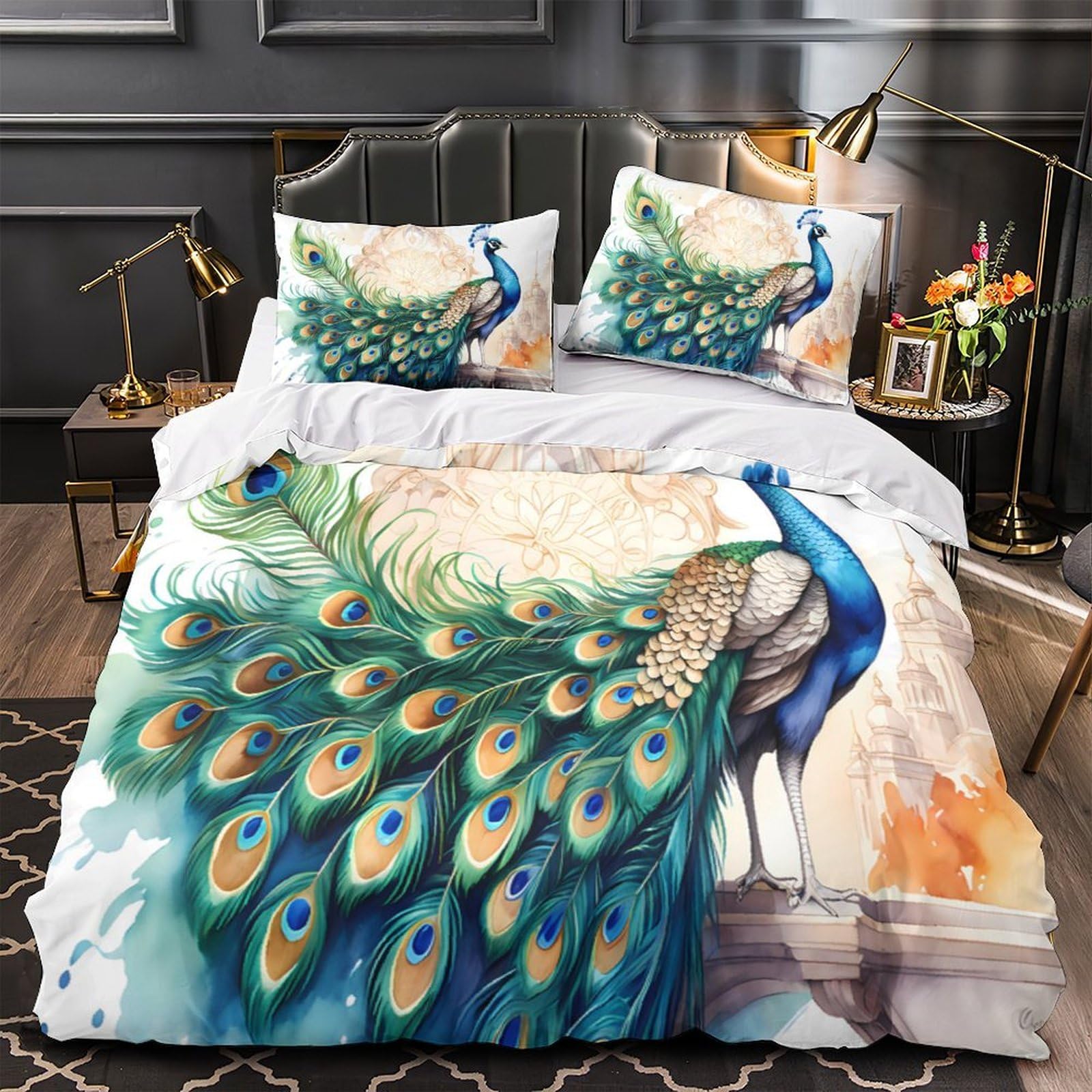 Housse de couette microfibre paon 3D 220x240 cm avec taies