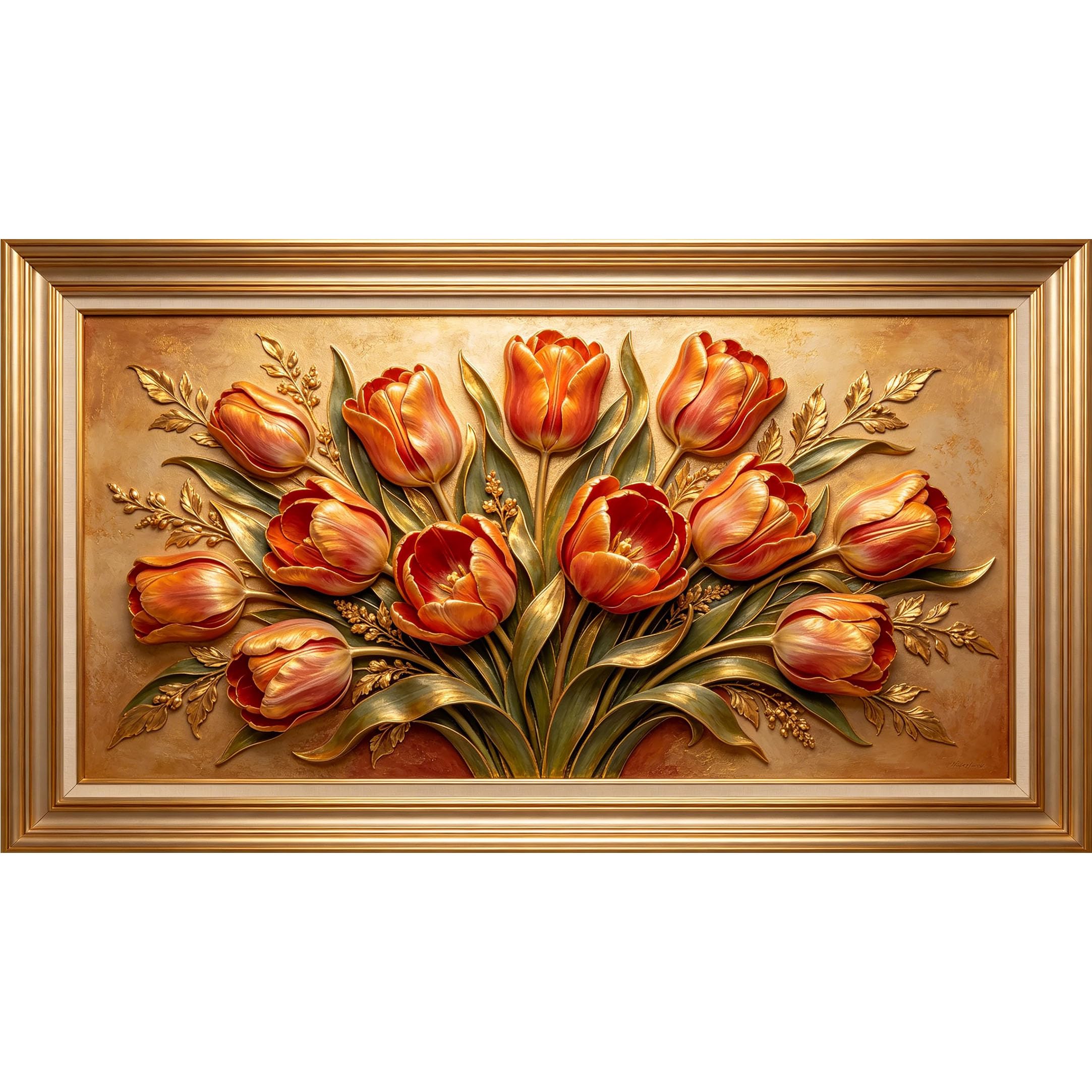 QZLITHOTIC 50x90cm3D Framed Wall Art， Golden Tulip Bouquet Botanical Textured Oil Painting Self‑Adhesive Mural， Water‑Activated Peel & Stick Fabric Decor Wall Decal for Bedroom Living Room