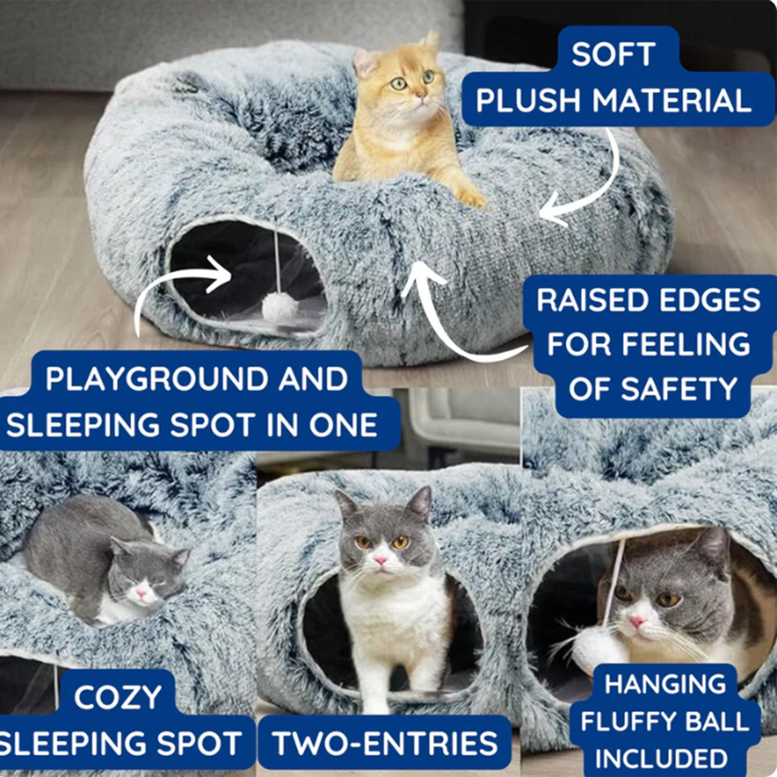 Cat Christmas Tree Tunnel,Cat Tunnel Bed Under Christmas Tree,Fauven Plush Cat Tunnel Bed -2 in 1, Christmas Cat Tree,Suitable for Medium And Small Cats (Gray)