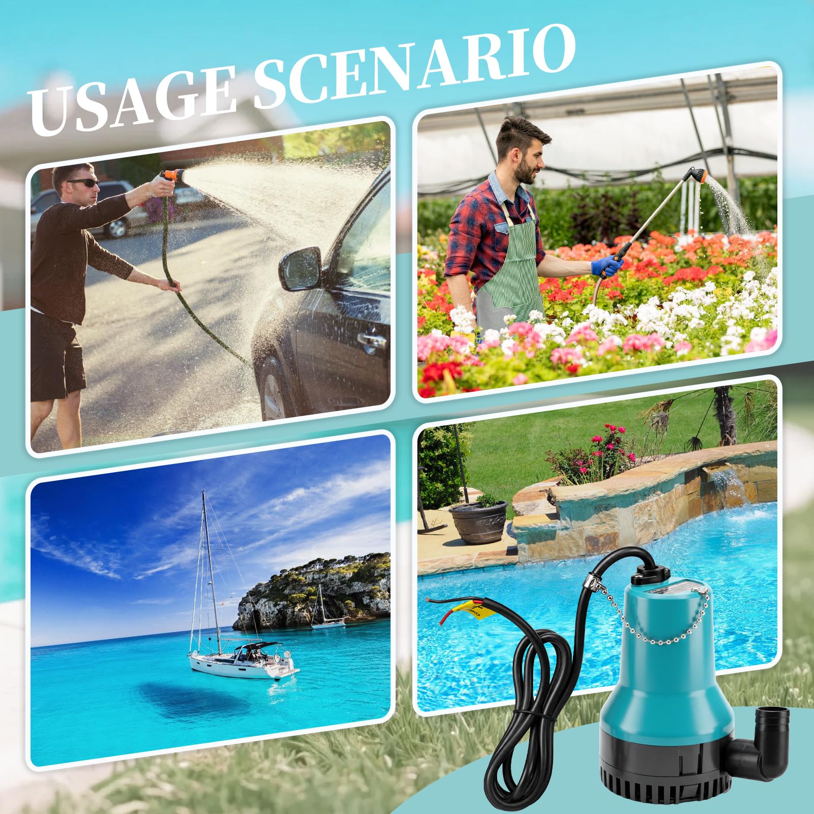 Pompe immergible 12V Pompe à eaux usées DC 50W 4200L/H – Pompe submersible compacte pour piscine, étang à poissons, bassin | Câble 2,3 m + Collier de serrage