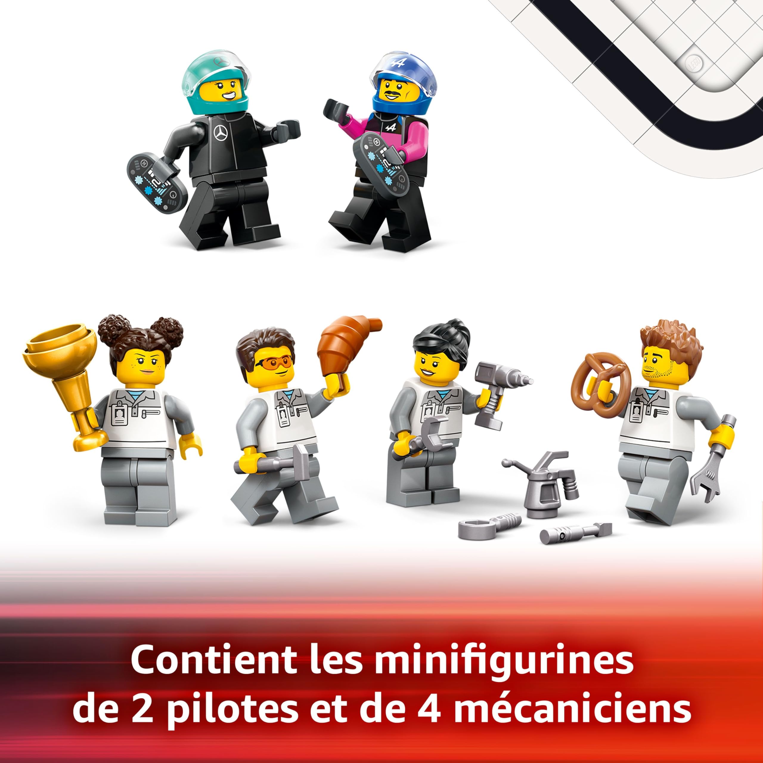 LEGO City Garage de F1 et voitures Mercedes-AMG et Alpine - Jeu de construction pour garçons et filles dès 7 ans - Inclut 2 véhicules, 2 pilotes et 4 mécaniciens - Cadeau pour amateurs de course 60444