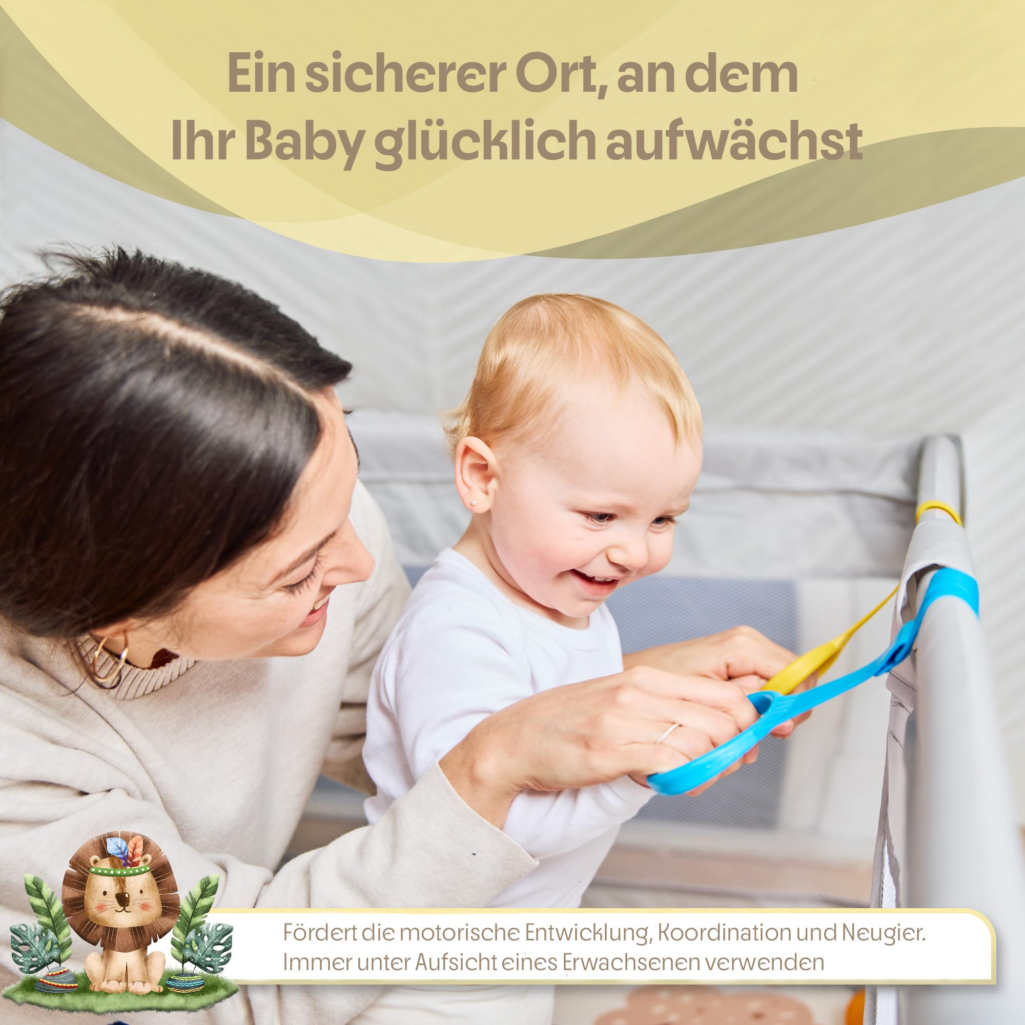 Baby Laufstall 150x150cm mit Illustrationen, Gepolsterter Spielbereich mit Wendbarer Matte, Stoffbuch, Bunten Bällen und Halteringen