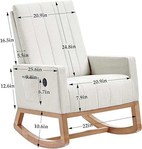 Miniatura 2 de VECELO Mecedora, mecedora tapizada para guardería, cómoda silla con base de madera maciza segura, puerto USBbolsillo lateral para sala de estar,