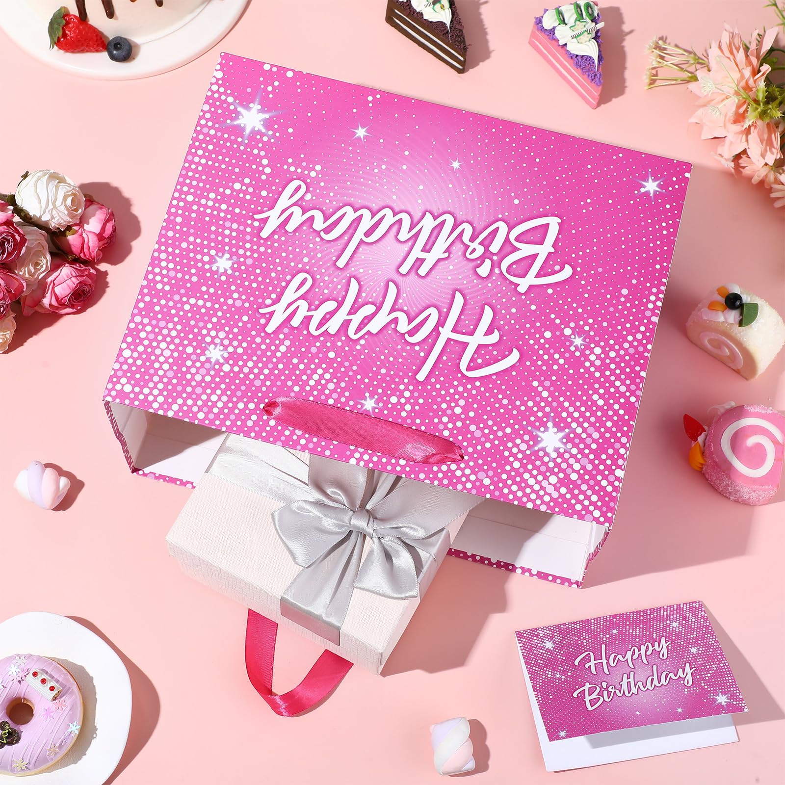 Shiny Pink Birthday Gift Bag for Lady Girls Large Hot Pink Happy Birthday Gift Bag with Tissue Paper and Card Disco Shining Stars Goodie Wrapping Bag for Women Bday Anniversary Party Supplies
