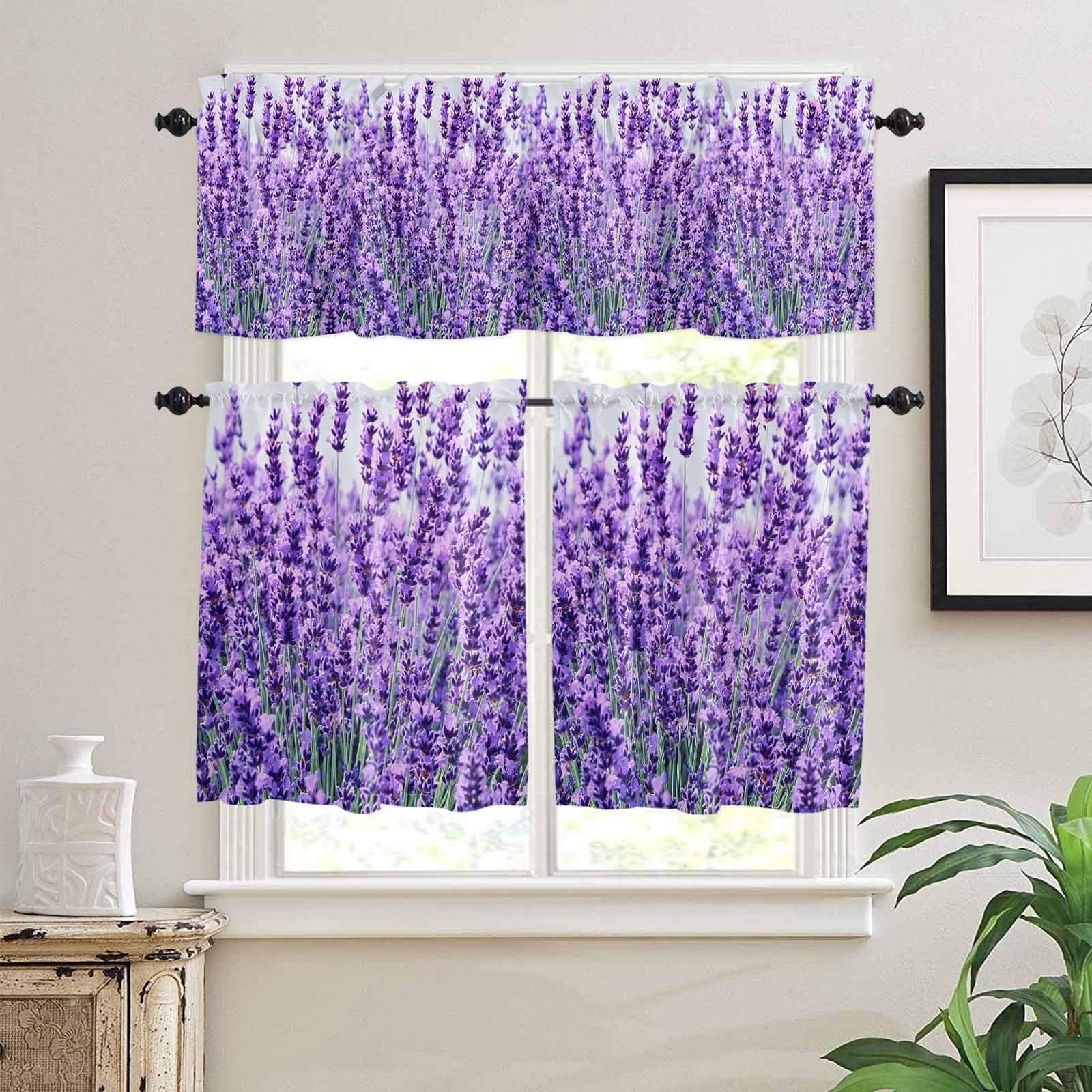Lavender Botanical Art Kitchen Curtains 24 Inch Length, 3 Piece Rod Pocket Small Half Tiers and Valance Set, Verdant Flower Purple Small Large Window Treatment Decor for Bedroom/Bathroom Sink