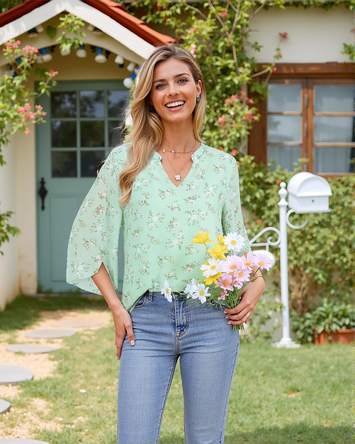 Bebonnie Womens Tops Dressy Casual Ruffle 3/4 Sleeve V Neck Double Layers Chiffon Blouses Tops - Image 2