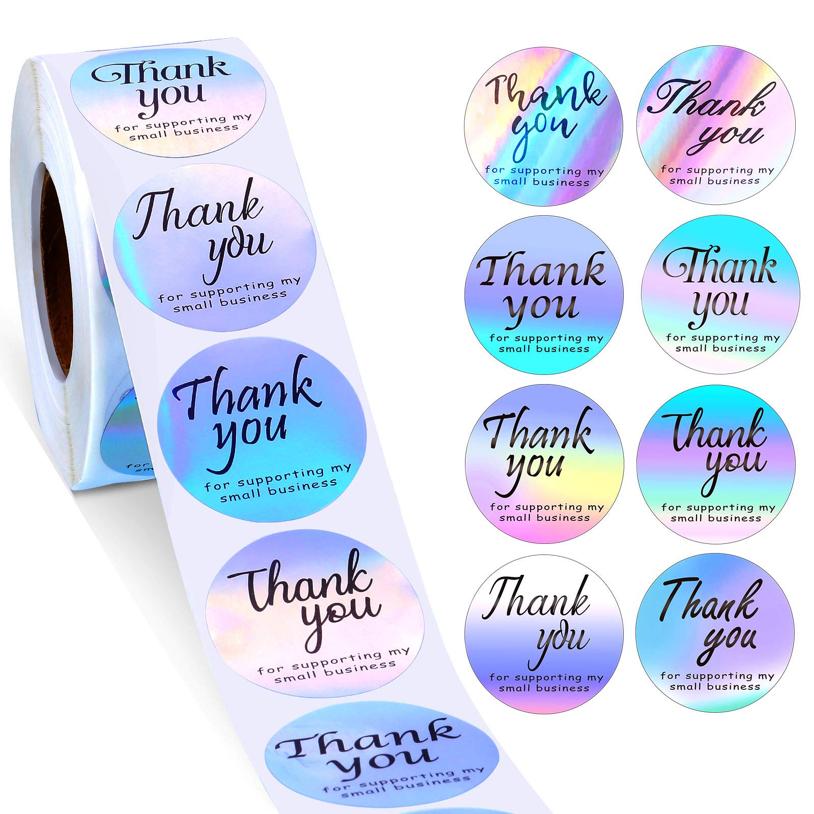 1000 Pieces Thank You for Supporting My Small Business Stickers Adhesive Holographic Stickers Round Thank You Label Sticker for Business Boutiques Shop Wrapping Supplies, 1.5 Inch, 8 Styles