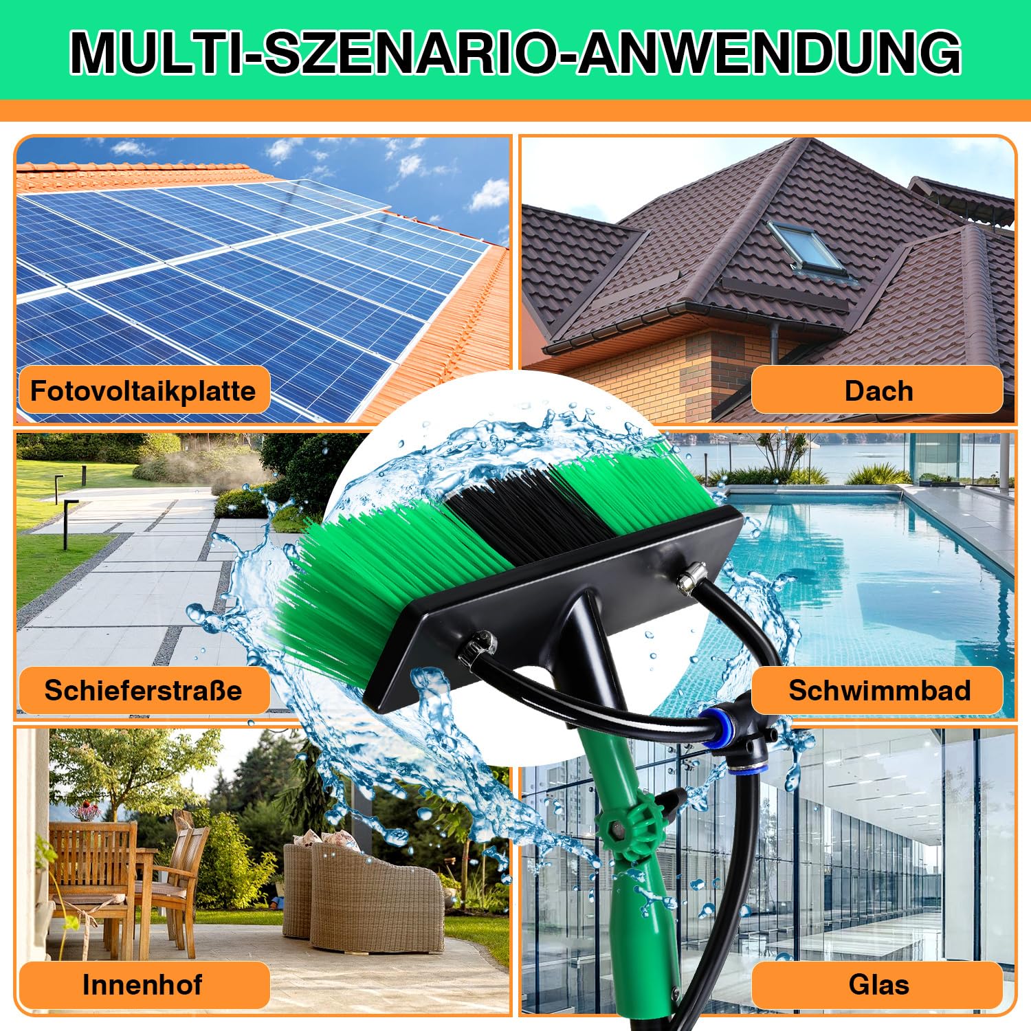 Cepillo de lavado telescópico de 4,8 m, cepillo de lavado con mango telescópico para ventanas, bordes de piscina, cepillo telescópico con conector de agua, aluminio, cepillo de limpieza de PVC