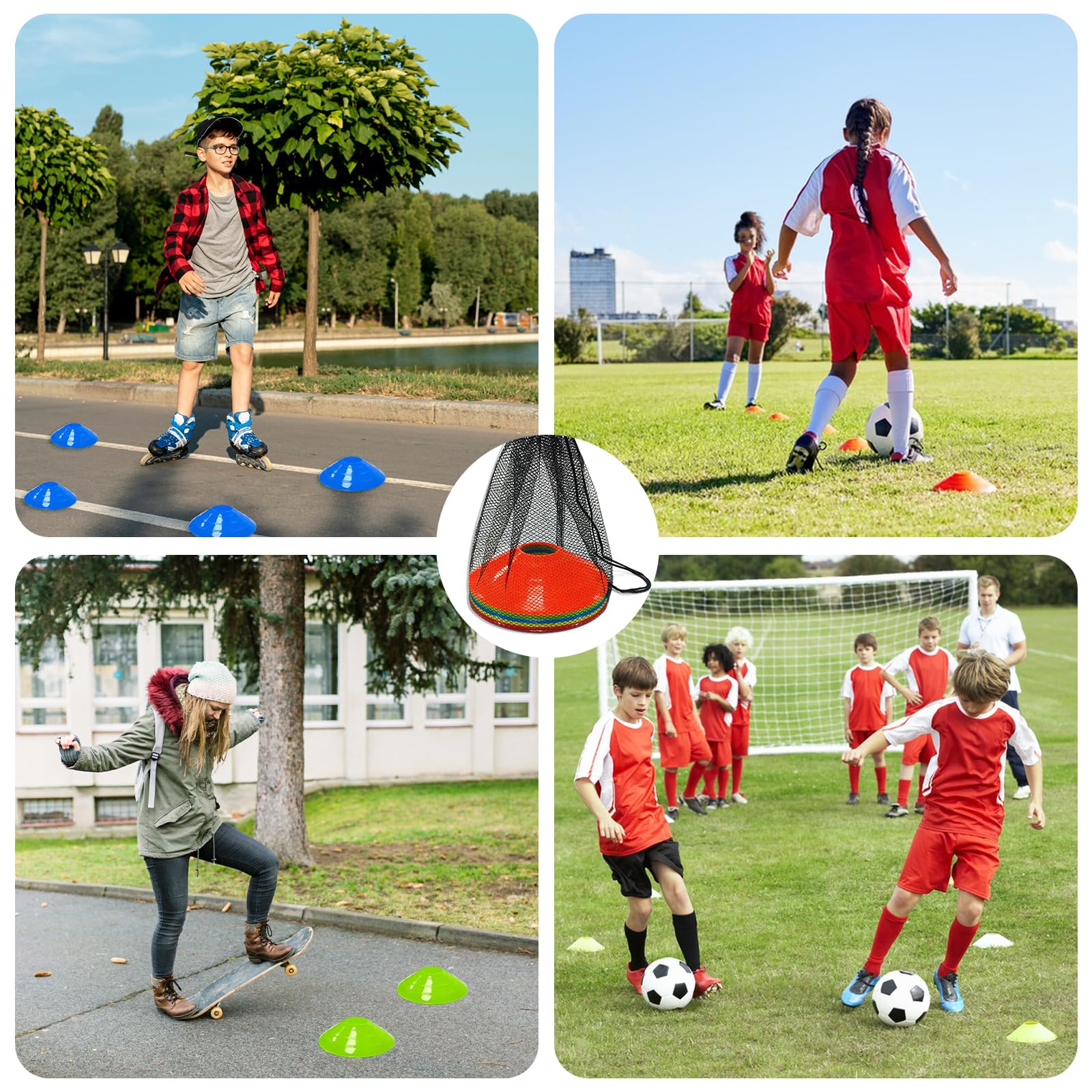 Cônes de marquage pour Football Équipement Essentiel d'entraînement, Plots Sport Multicolores avec Filet de Rangement pour Football, Basketball et agilité
