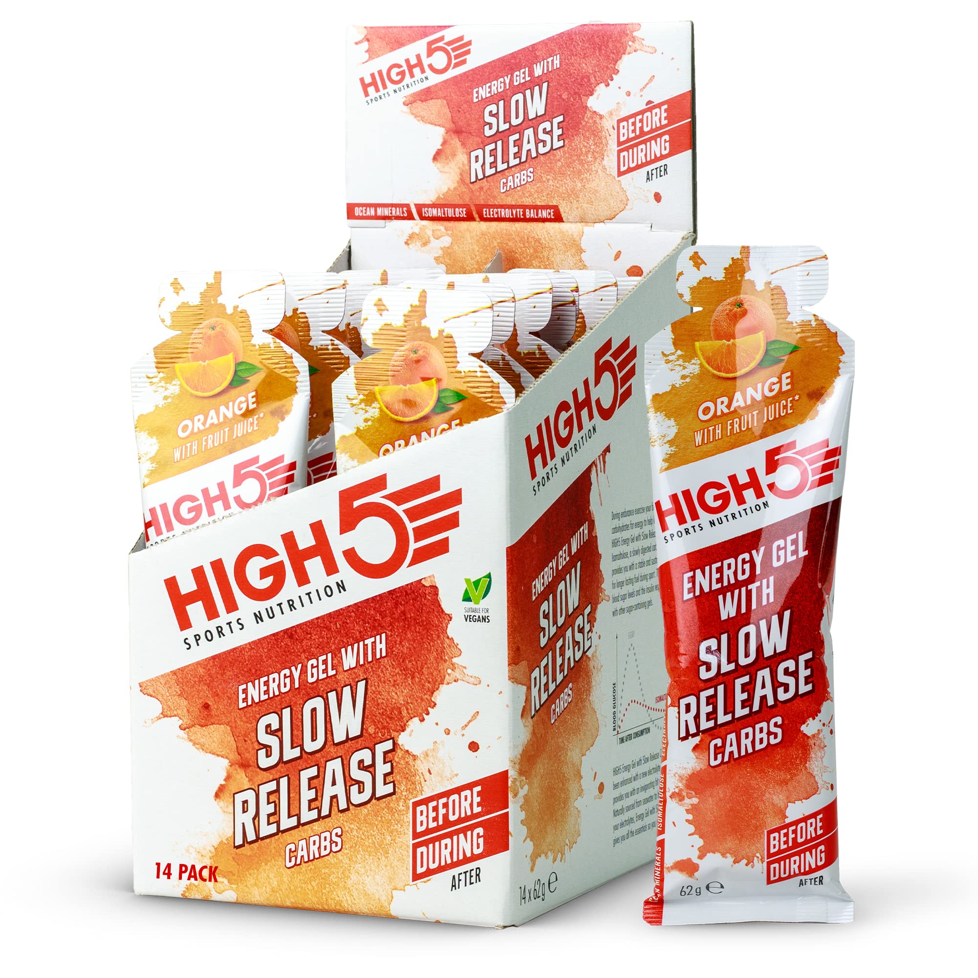 HIGH5Slow Release Energy Gels - Low Gi Sports Gel with Ocean Minerals - Easy Digest & Natural Fruit Juice - Slow Release Energy Supply for Running, Cycling and Endurance (Orange, 14 x 62g)