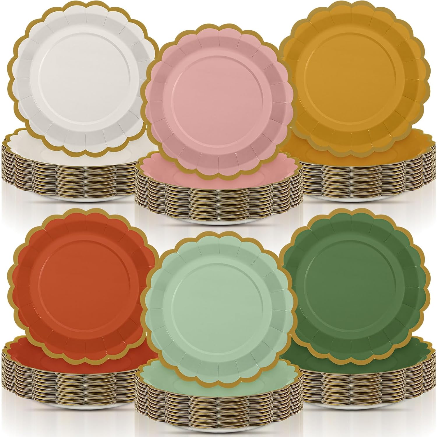 96 Pcs Colorful Paper Plates 9 Inch Boho Scalloped Paper Disposable Dinner Dessert Plates for Birthday Wedding Bridal Party Supplies, 6 Colors