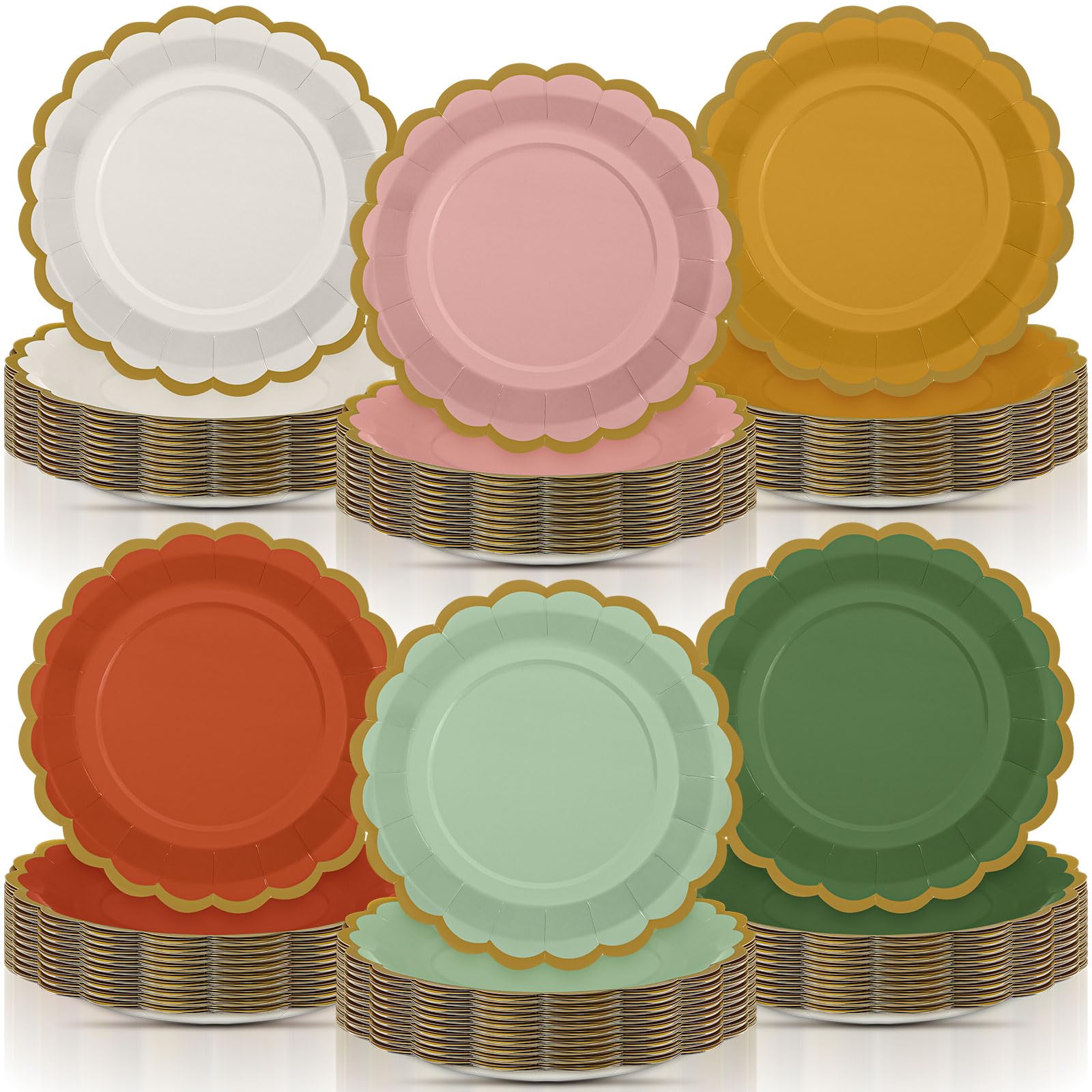 96 Pcs Colorful Paper Plates 9 Inch Boho Vintage Scalloped Paper Disposable Dinner Dessert Plates for Birthday Wedding Bridal Party Supplies, 6 Colors