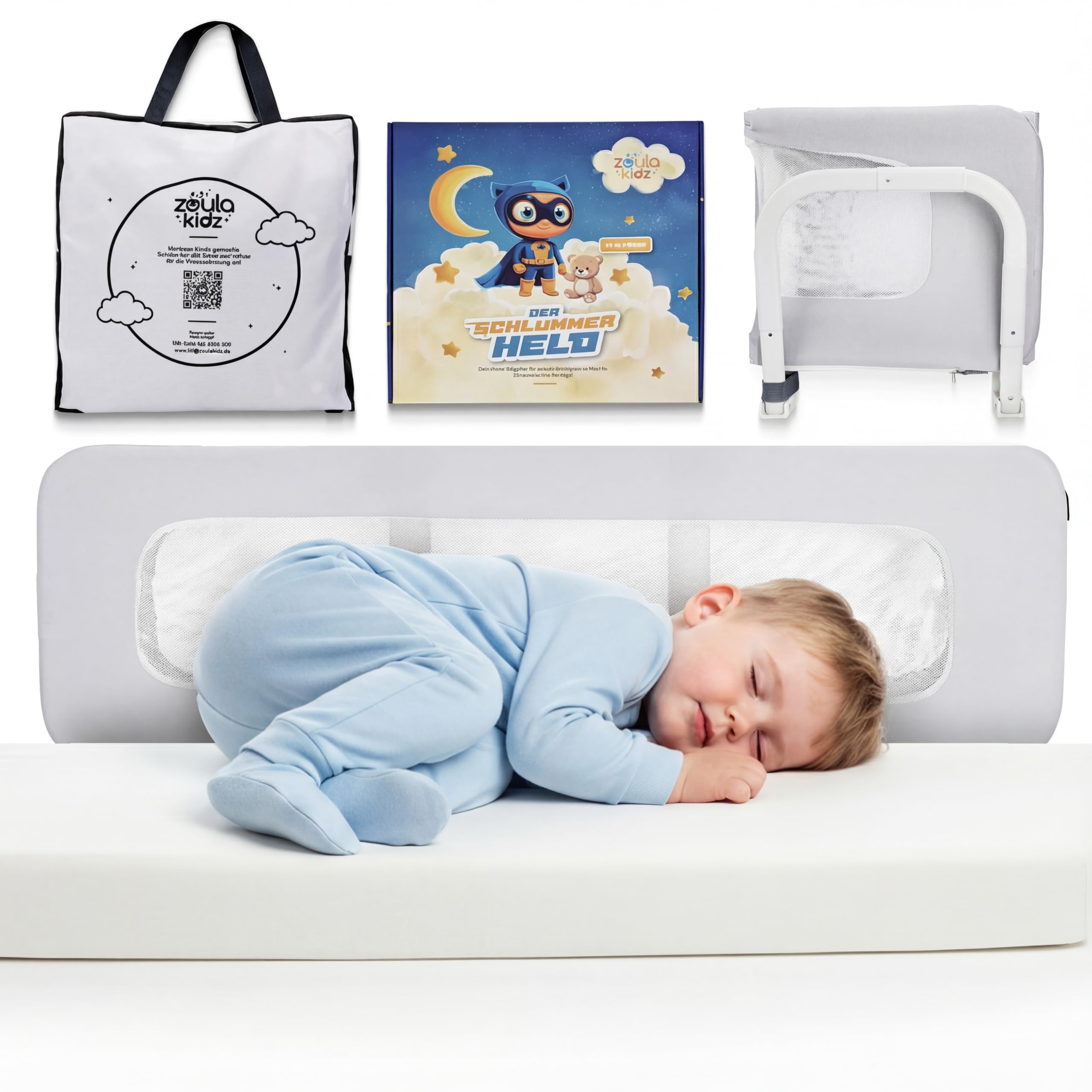 zoula kidz® faltbares Bettgitter als Rausfallschutz Bett Reise - Klappbar & Höhenverstellbar - Bettschutzgitter für Boxspringbett, Elternbett, Kinderbett - Mit Tasche & Gurt - ultrakompaktes Packmaß