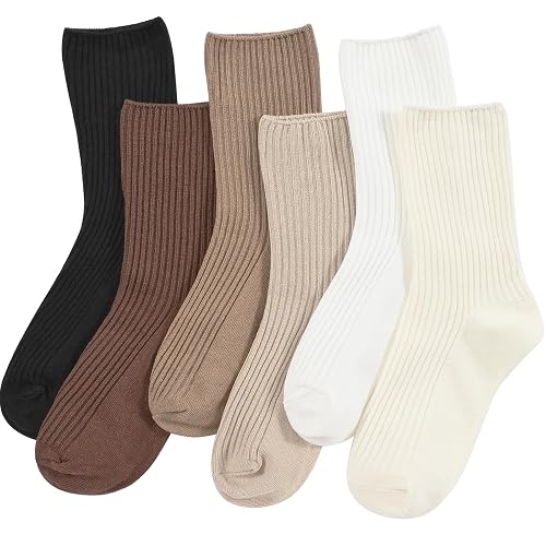 DOKUTOKU Womens Crew Socks Size 7-9 Cotton Cute Long Fall Workout Casual Socks 6 Pack
