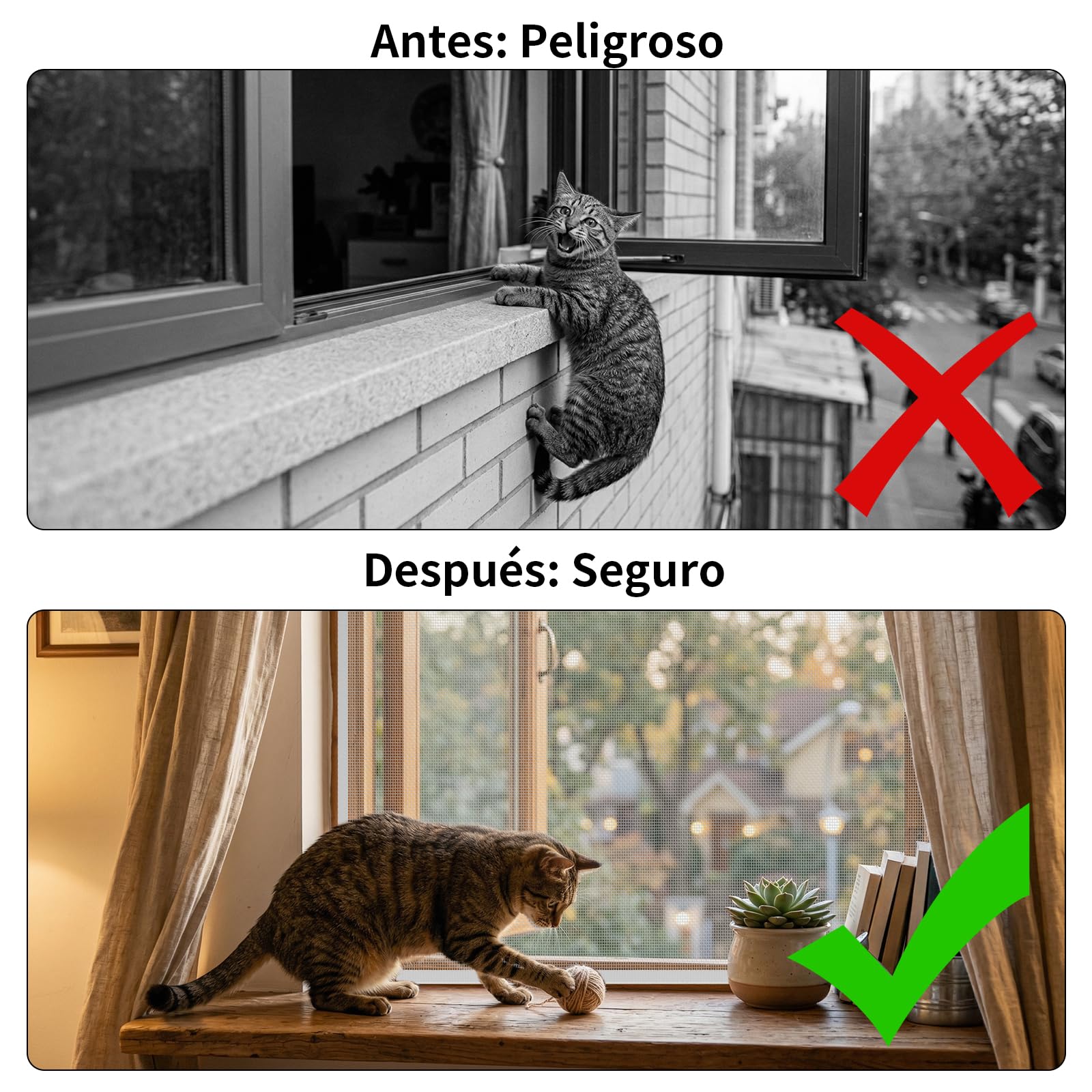 BKSAI Mosquitera Ventana para Gatos, Red Anticaída Adhesiva sin Taladrar, Malla Recortable Resistente a Arañazos, Protección Mascotas para Ventana - 130x150 CM Blanco Roto