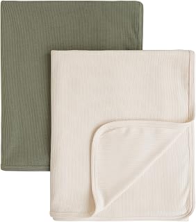 Konssy Knit Baby Blanket 2-Pack: Soft Ribbed Swaddle Receiving Blankets for Newborns, Infants & Toddlers, 33x42 Inch Beige Sage