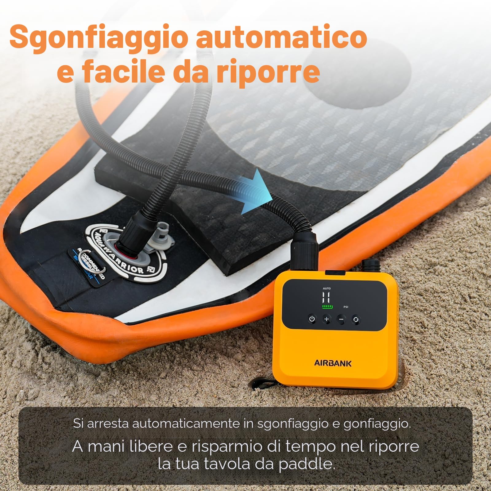 AIRBANK Mini Paddle Board Pump Pulse PRO, Super Piccola Pompa Ricaricabile SUP Portatile, Motore Brushless, Max 20PSI, Pompa dell'Aria per Kayak, Gonfiabili, Barche, Tende, Ali da Aquilone