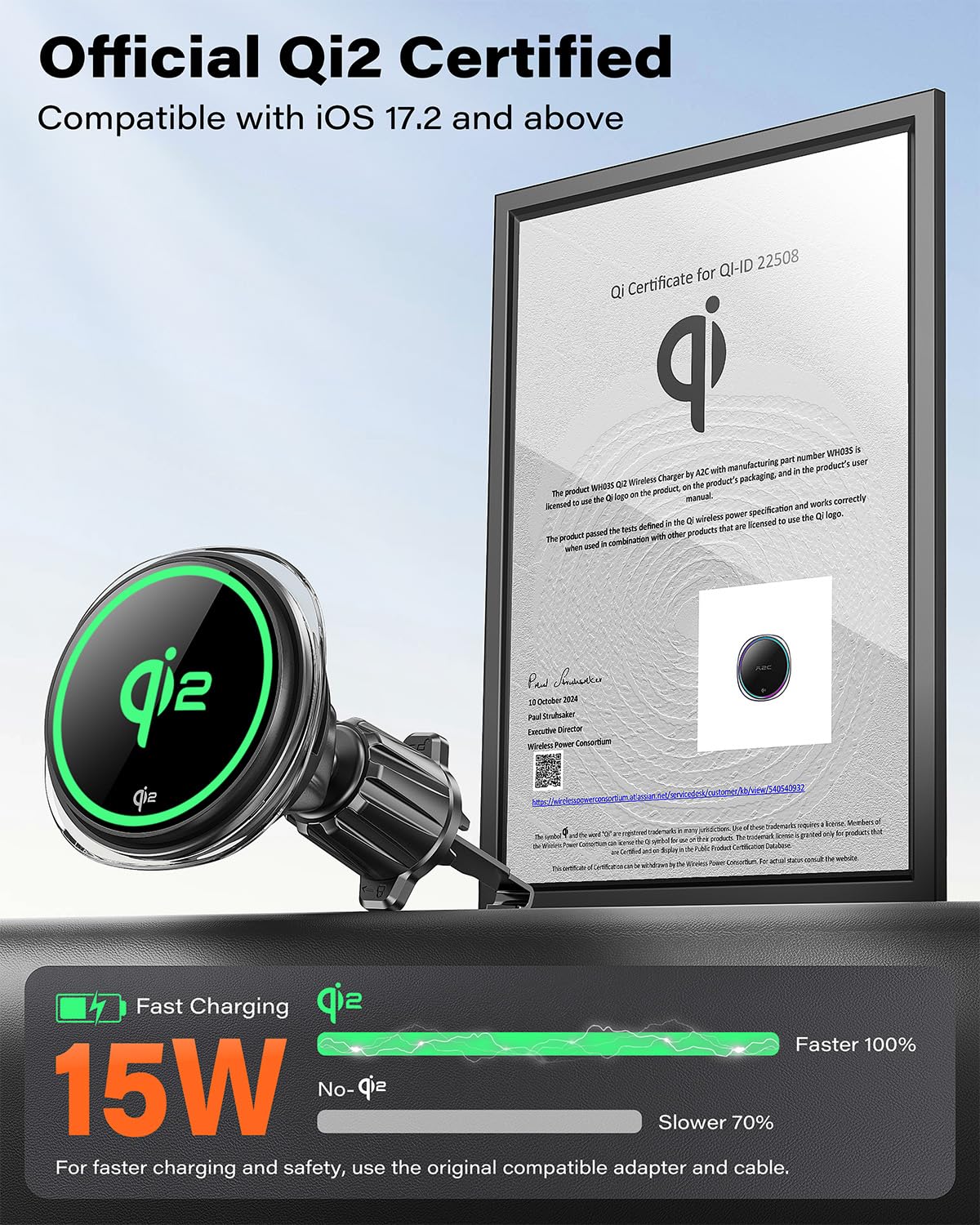 A2C Qi2 - Cargador inalámbrico de coche de 15 W, soporte de CD para MagSafe, cargador inalámbrico magnético para ventilación de coche, ranura para CD con chip de refrigeración semiconductor, carga