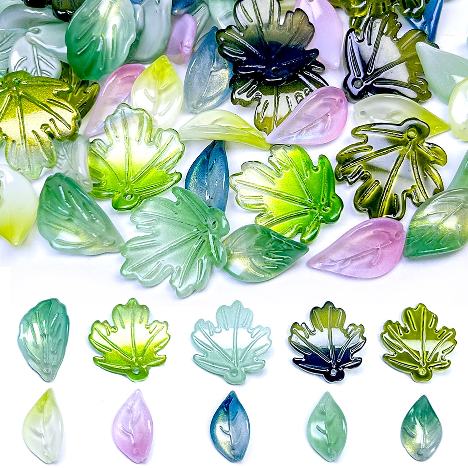 100 perline di vetro a forma di foglia per la creazione di gioielli, perline di cristallo verde rosa per piante in rilievo fai da te, orecchini, bracciali, collane, campanelli a vento