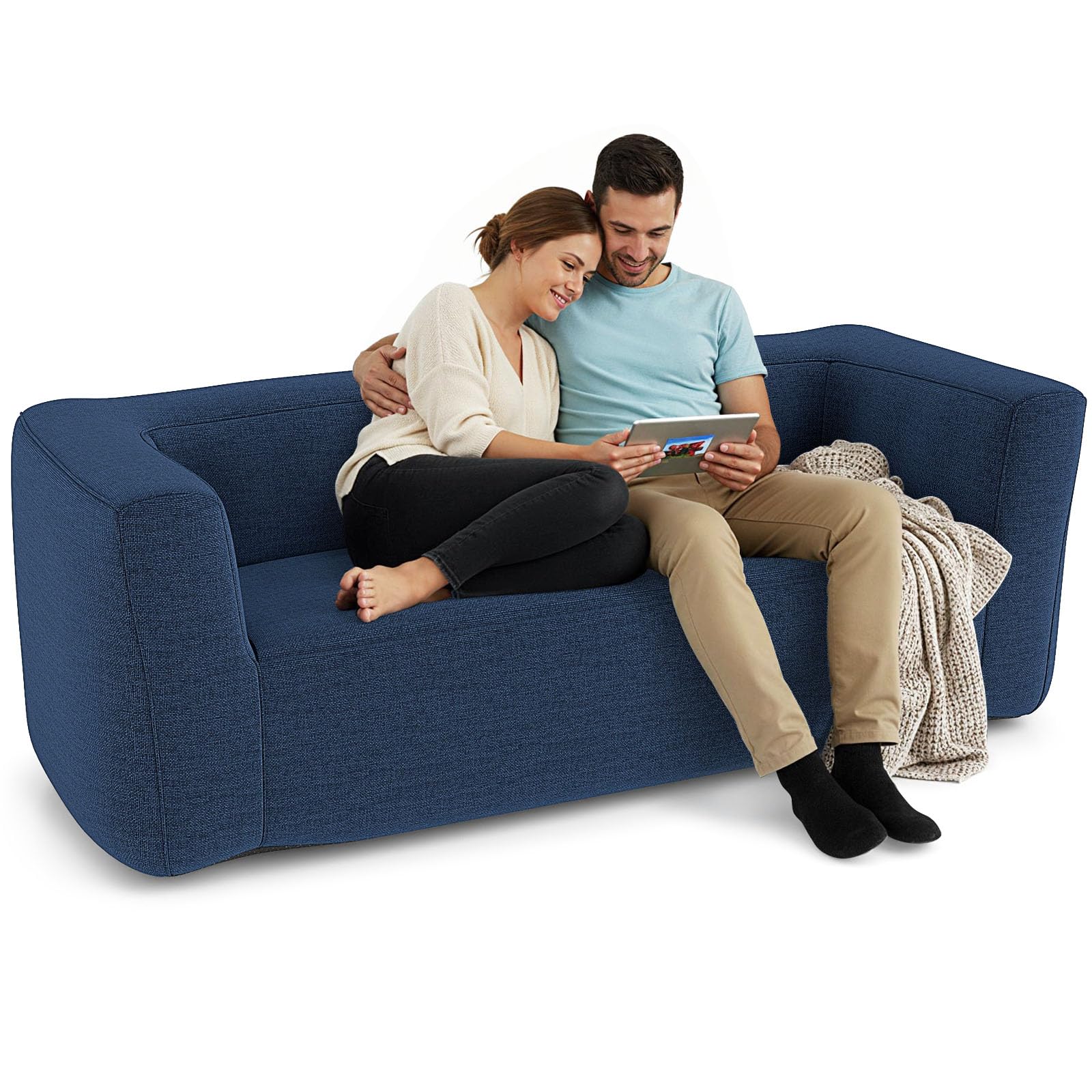RELAX4LIFE Inflatable Sofa Chair, 1/2-Person Inflatable Lazy Sofa with Detachable Cover, Portable Folding Air Recliner and Comfortable Blow Up Couch for Living Room Bedroom Balcony (Blue, 2-Person)