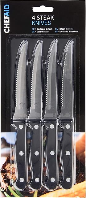 Chef aid Stainless Steel Serrated Steak knife set, Set of 4 Durable Multipurpose Kitchen Knives with Comfort grip, ERGONOMIC - non-slip, rust resistant, sharp dinner Table Knife Set
