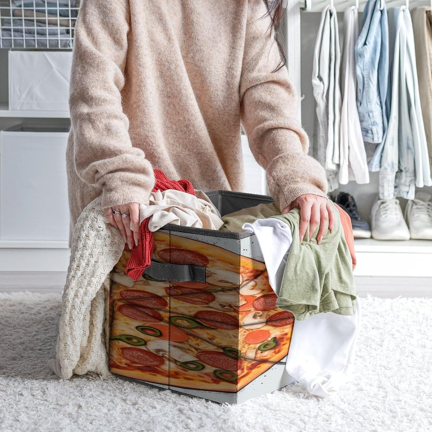 I Love Pizza Fabric Bins Storage Basket Square Baskets | Storage Bin with Double Handles,Cube Collapsible Organizers for Organization,Closet,Shelves,Offices