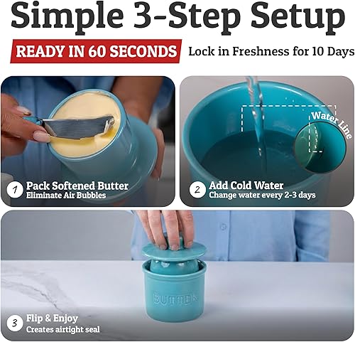 Miniatura 3 de Priority Chef Recipiente para Mantequilla con Tapa y Línea de Agua, Plato de Mantequilla Francés de Cerámica para Dejar en la Encimera, Turquesa