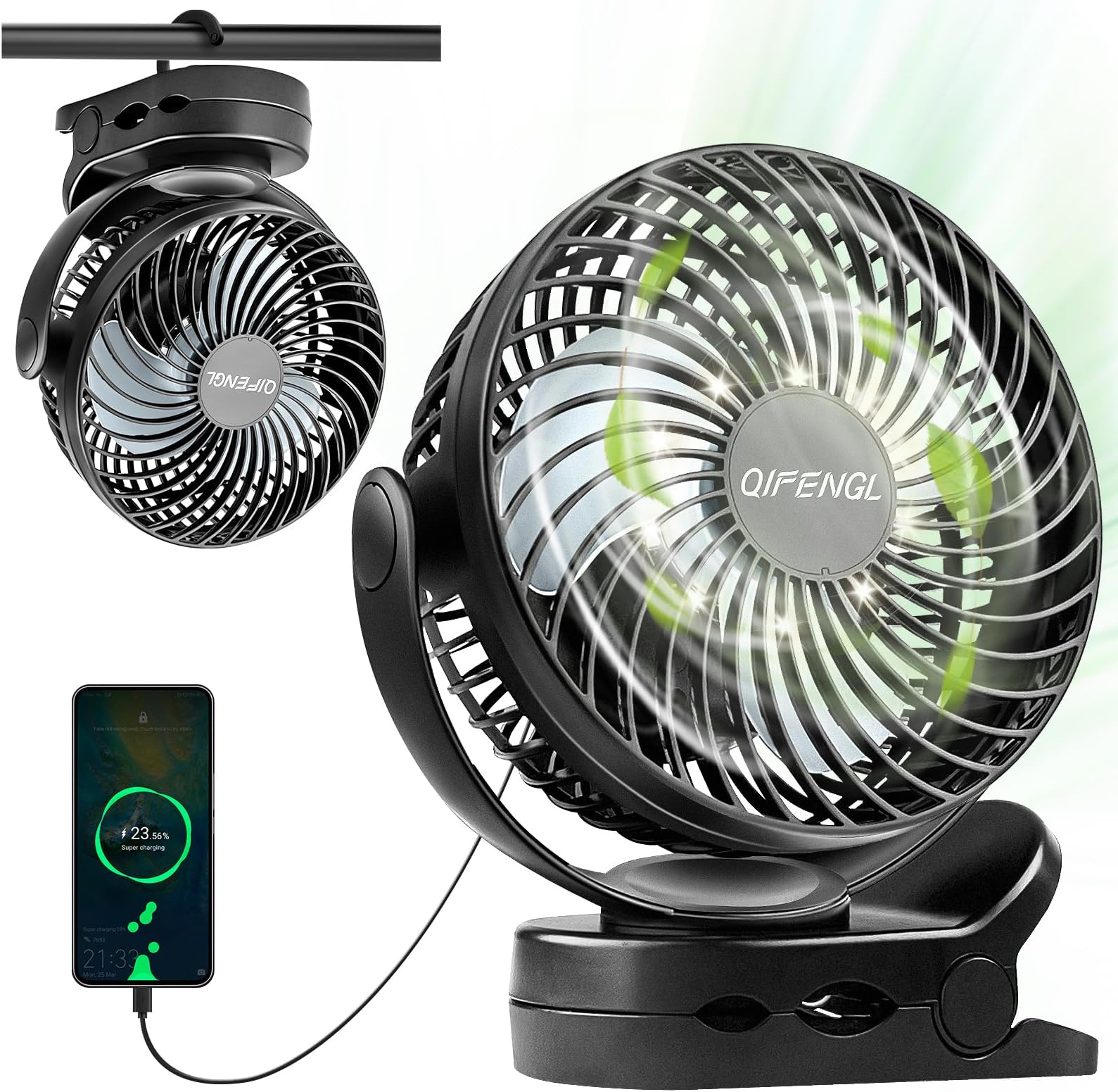 QIFENGL 10000mAh 3 in 1 Rechargeable USB Mini Clip-on Fan with LED Light & Hook, 3 Speed Levels & 720° Rotation, Black, Desk Fan, Modern Design, Portable for Home Office, Bedroom, Outdoor Travel