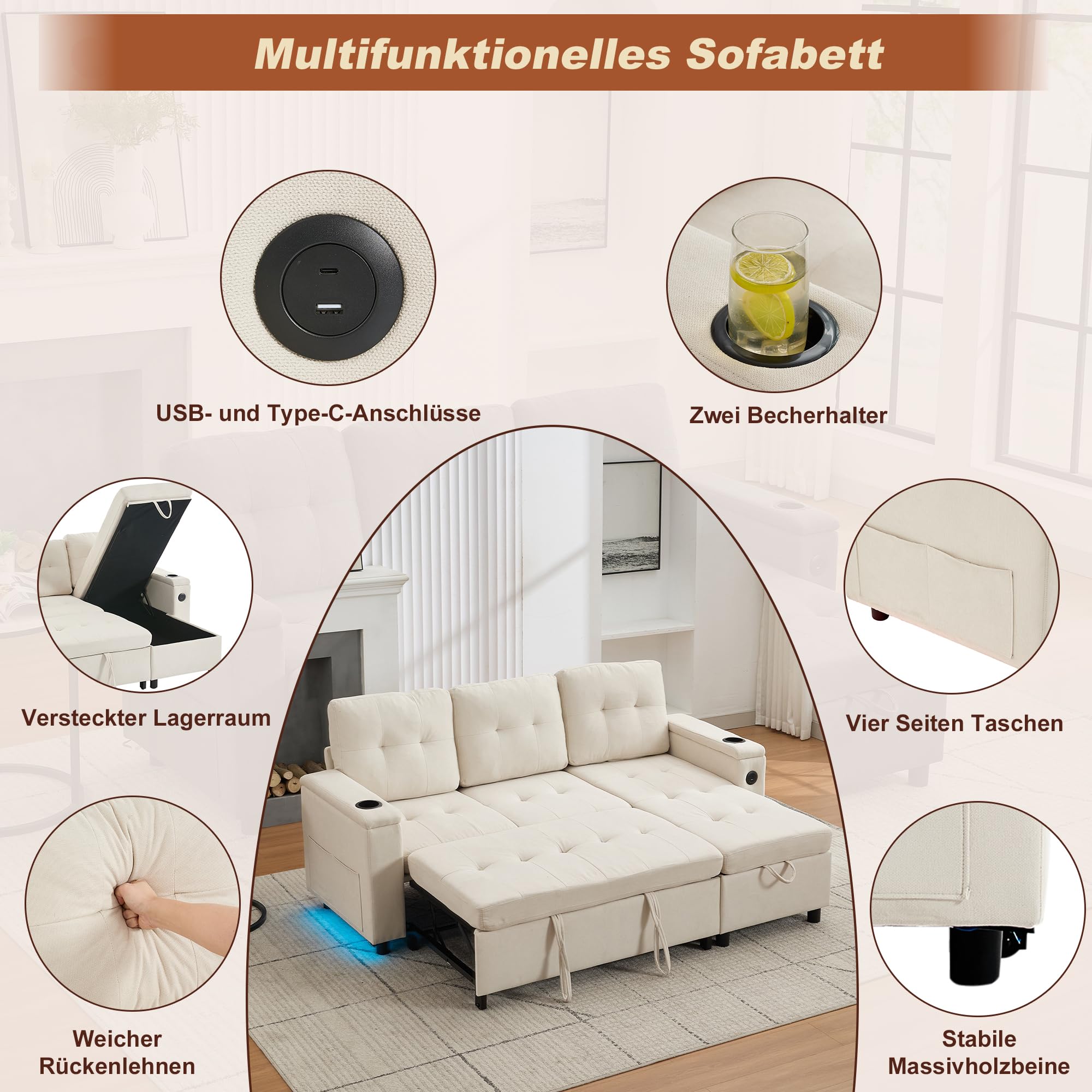 Merax Ecksofa mit Schlaffunktion & Bettkasten, L-Form Polstersofas mit LED, 3-Sitzer Ausziehbares Schlafsofa, Klappsofa mit Ladefunktion & Getränkehaltern, Polstermöbel für Wohnzimmer, Wohnung, Beige