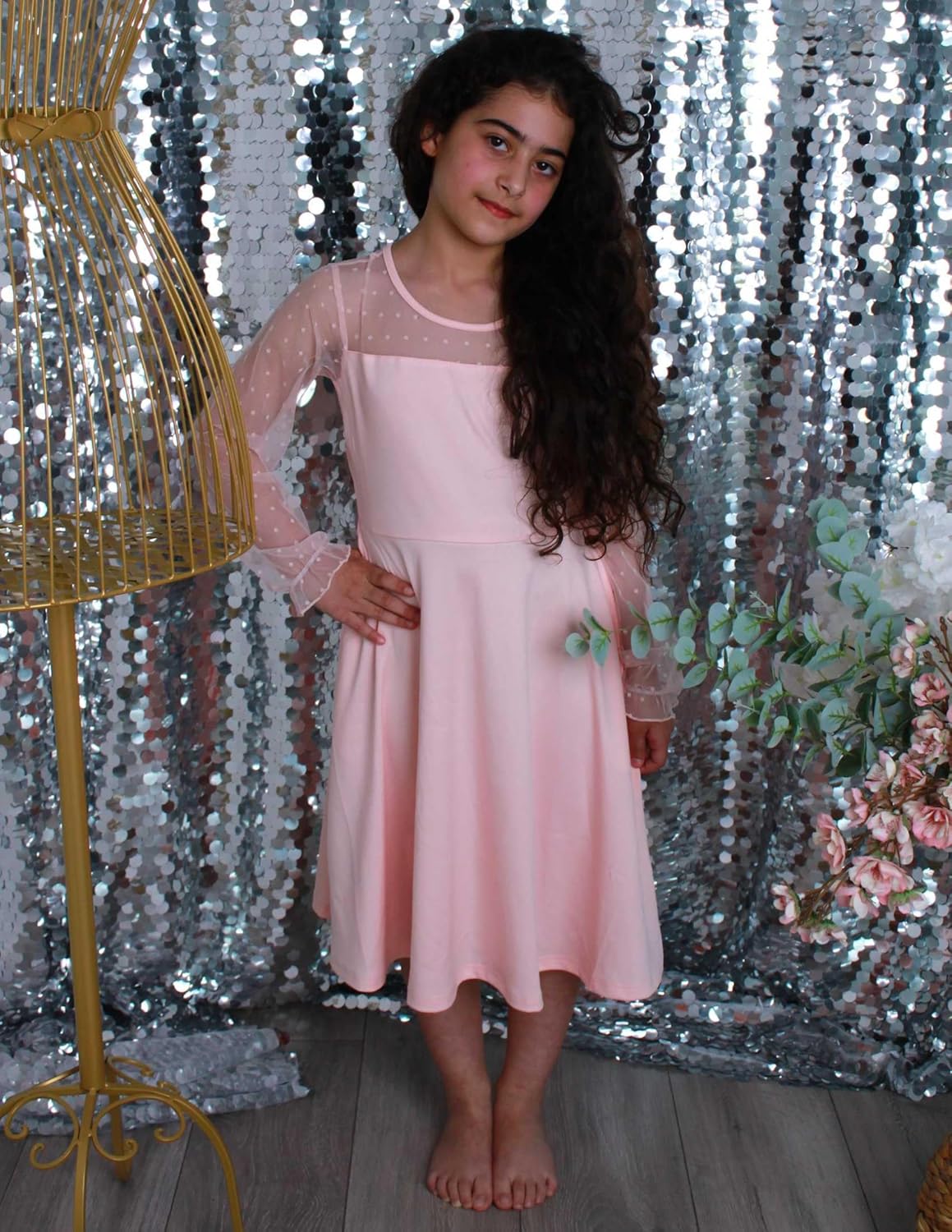 Arshiner Girl's Contrast Mesh Puff Long Sleeve High Waist A Line Short Dress with Pockets for 6-13 Years - Image 2