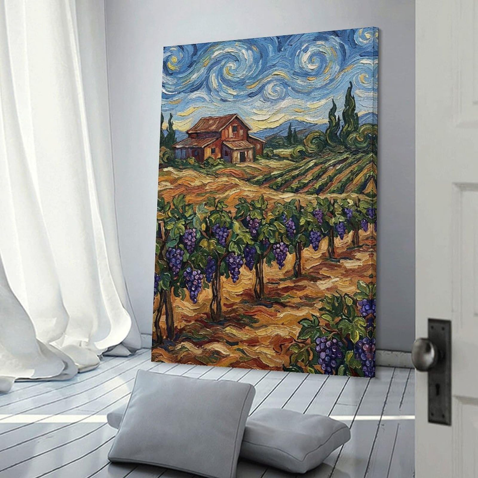 Junmoney Vineyard Landscape Painting in Van Gogh Style Canvas Wall Decor, 20x30inch(50x75cm), for Lounge Decor, Bedroom Walls Or Flats, Eye Catching Artwork for Blank Walls