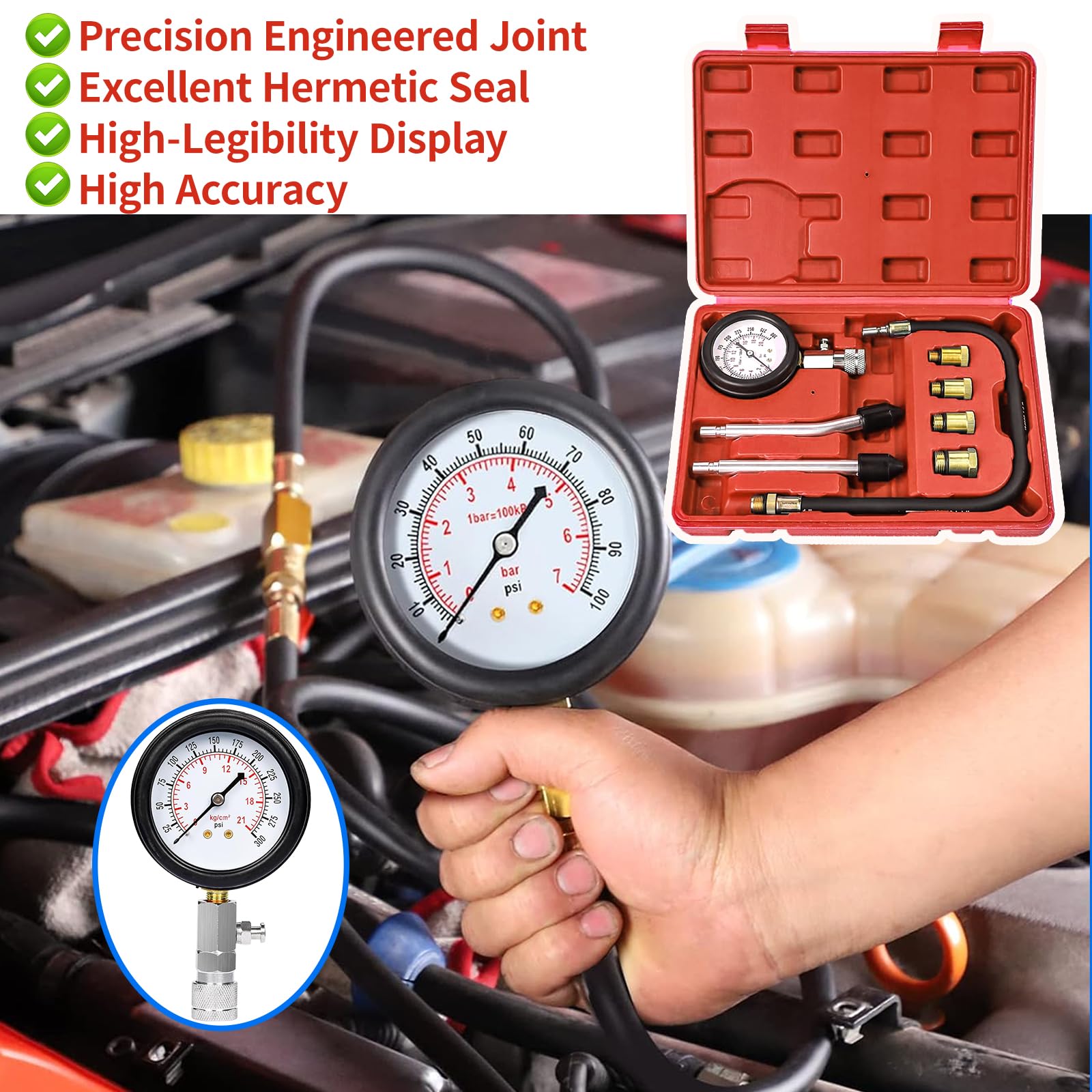 Zorplex Zestaw Tester Kompresji Silnika 0-21 Bar / 0-300 PSI z Manometrem i 4 Adapterami M10 M12 M14 M18, Miernik Ciśnienia Sprężania do Samochodów, Motocykli i Silników Benzynowych (Czerwony)