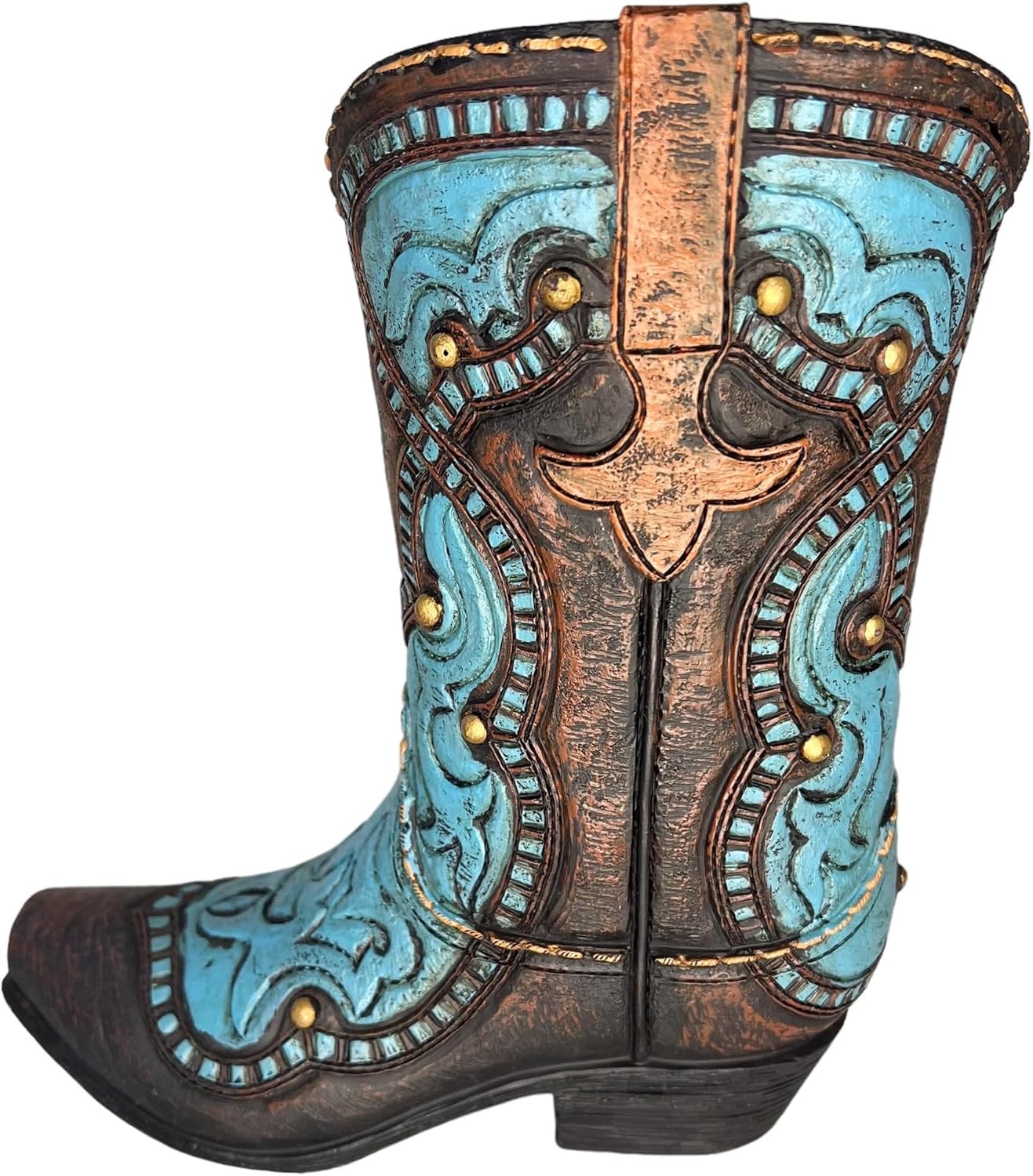 Cowboy Boot Flower Vase – 8 7/8” Tall with Tooled Leather Details and Teal Blue Accents – Decorative Modern Rustic Western Décor – Floral or Stand-Alone Decoration